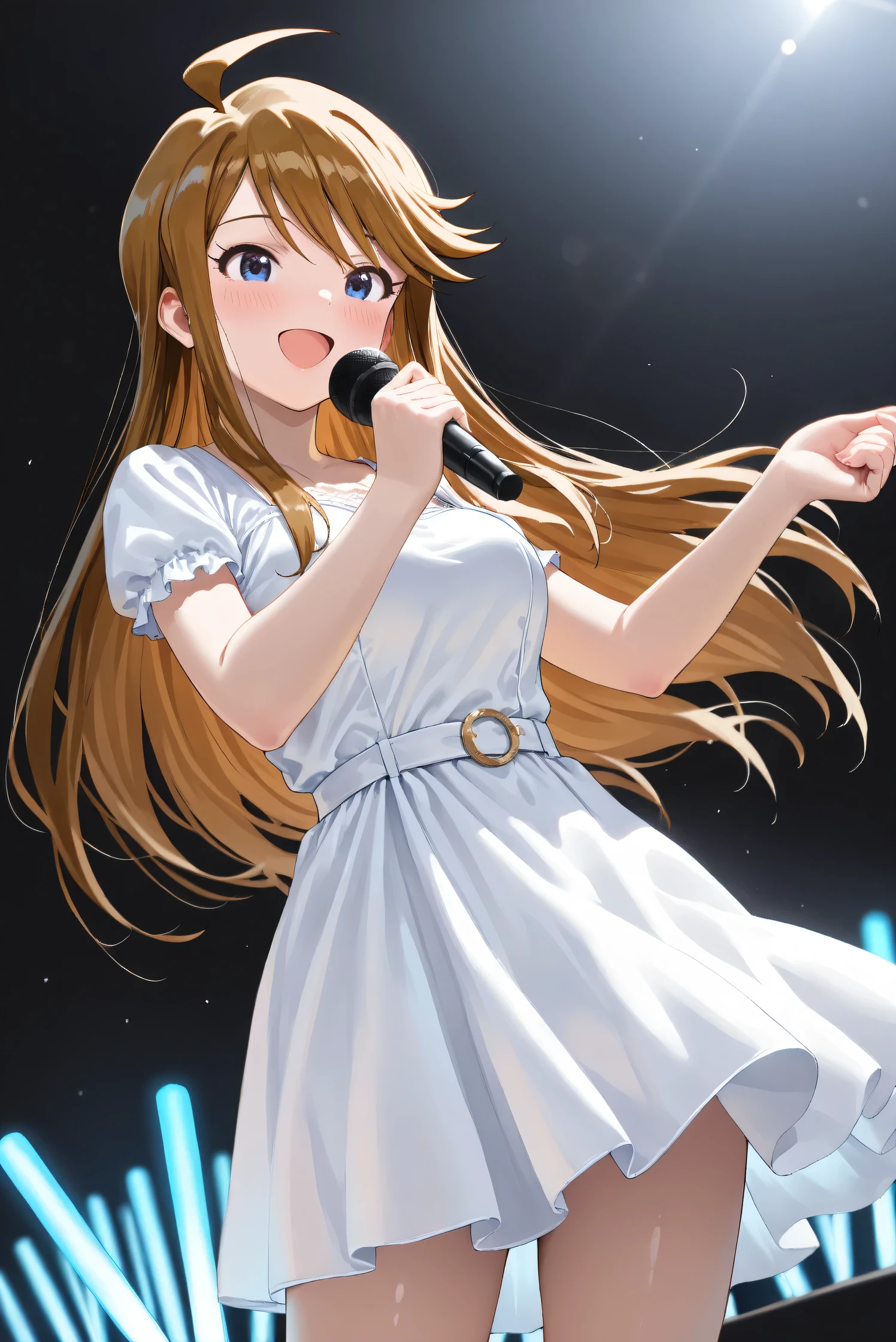 (Masterpiece), (Highest quality), (Very detailed),
(The best shape), (Best Shadow), (Absurd),
(Detailed background), (So beautiful), (Shiny),
(Extraordinary), (Countershading), (8k), (32K),
(High resolution), (Very Detailed CG), (UHD),
(Score_9), (Score_8_up), (Score_7_up),
(Source_anime), (Pastel painting:1.2),
(Watercolor painting:1.2),(Masterpiece, Detailed:1.2), (Foreshortening:1.2),
(Cinematic), (Dramatic), (Depth of field:1.4),
(Blurry background:1.4), (Realistic background:1.4),
(Foreshortening:1.3), (Dynamic angle), (1 girl),
(Simple background), (Black background),
(Idol stage), (blue glowsticks),
(Casual wear:1.3),
(White dress:1.3),
(One cordless microphone),
(Cowboy shot), (Focus on face), (Close up shot),
(Blush:1.3), (Happy), (Smile), (Singing),
(Realistic skin), (Shiny skin),
(Tokoro Megumi),
(The idolmaster million live!),
(t0kor0), (medium breasts), (blue eyes), (brown hair), (swept bangs), (sidelocks), (ahoge), (long hair),