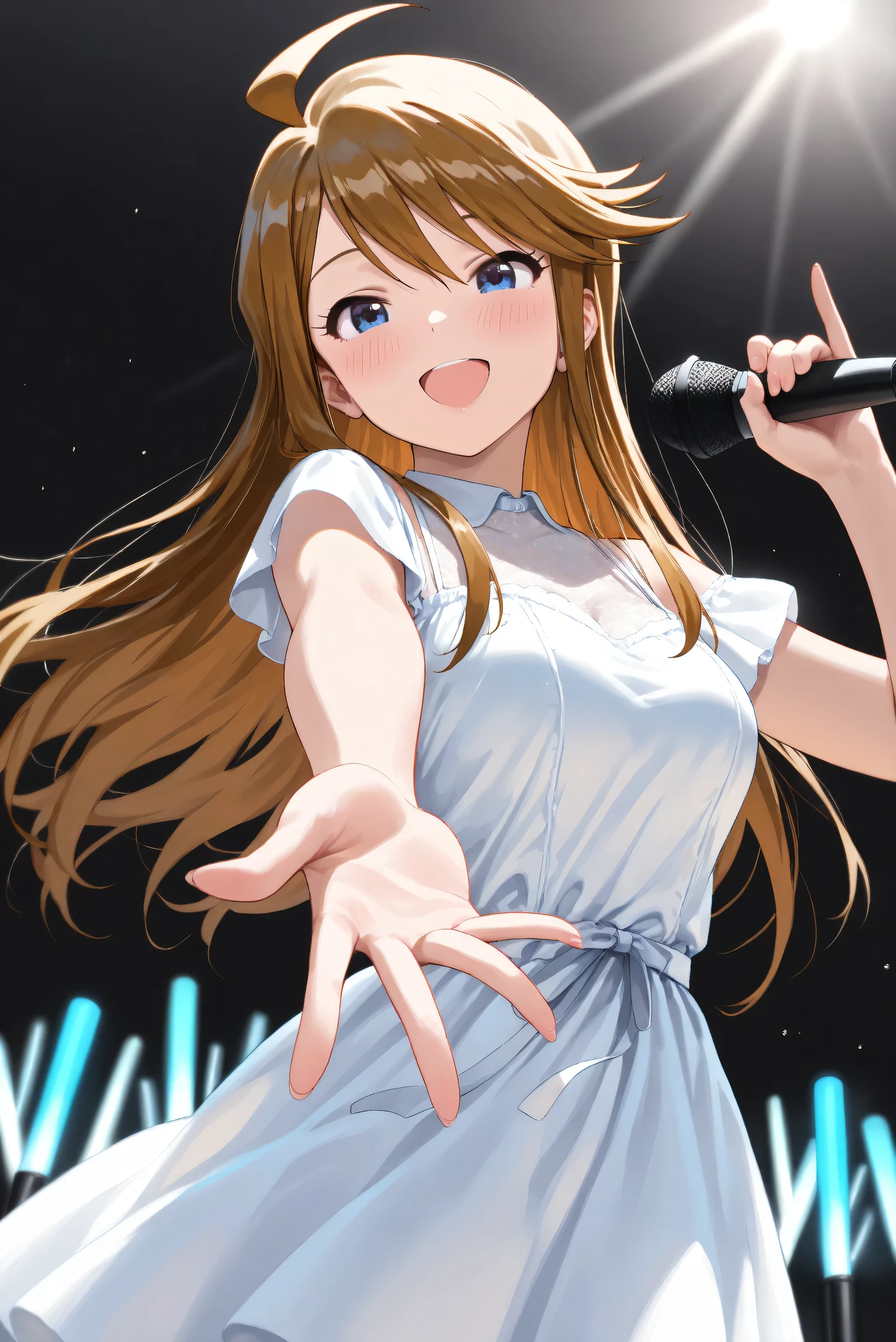 (Masterpiece), (Highest quality), (Very detailed), 
(The best shape), (Best Shadow), (Absurd), 
(Detailed background), (So beautiful), (Shiny), 
(Extraordinary), (Countershading), (8k), (32K), 
(High resolution), (Very Detailed CG), (UHD),

(Score_9), (Score_8_up), (Score_7_up), 
(Source_anime), (Pastel painting:1.2), 
(Watercolor painting:1.2),(Masterpiece, Detailed:1.2), (Foreshortening:1.2),

(Cinematic), (Dramatic), (Depth of field:1.4),
(Blurry background:1.4), (Realistic background:1.4),
(Foreshortening:1.3), (Dynamic angle), (1 girl),

(Simple background), (Black background), 
(Idol stage), (blue glowsticks),

(Casual wear:1.3),
(White dress:1.3), 
(One cordless microphone),

(Cowboy shot), (Focus on face), (Close up shot),
(Blush:1.3), (Happy), (Smile), (Singing),
(Realistic skin), (Shiny skin),

(Tokoro Megumi),
(The idolmaster million live!),
(t0kor0), (medium breasts), (blue eyes), (brown hair), (swept bangs), (sidelocks), (ahoge), (long hair),