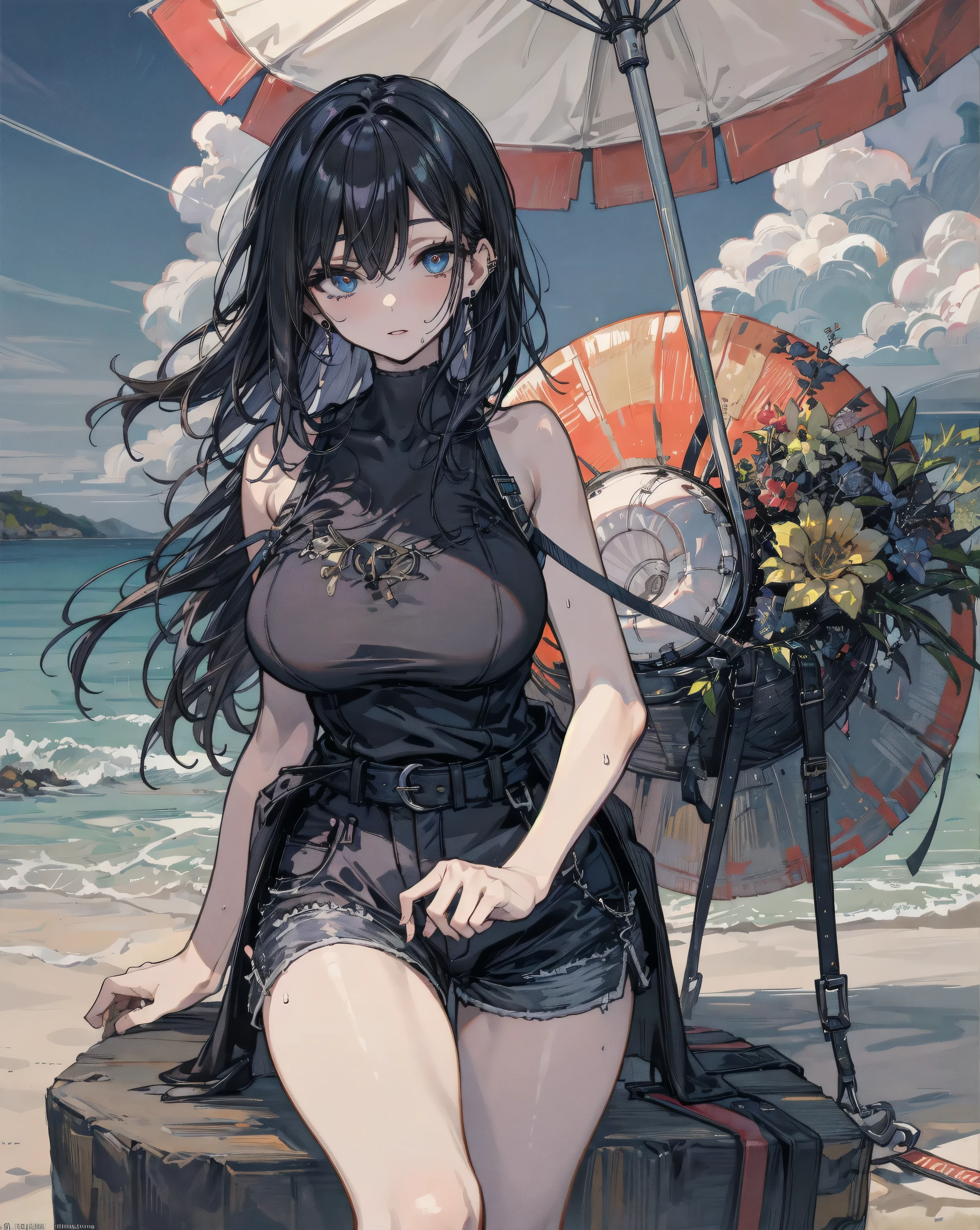 ((absurdres, RAW photo, extremely delicate, extremely beautiful, masterpiece, Best Quality, ultra high resolution, 32k, hyperrealistic, ultra-detailed description, perfect anatomy)), pale skin, 20 years old, detailed beautiful face, detailed beautiful face eyes, tearful mole, earring, short medium hair, wavy hair, black hair, big tits, slim body, narrow waist, whole body, pirate top, short skirt, pirate hat, a lone island in the vast ocean, lush tropical foliage, pristine white sandy beaches, crystal clear turquoise waters, dramatic cliffs and rock formations, scattered palm trees swaying in the gentle breeze, a lone wooden hut or shelter, a shipwrecked boat on the shore, seagulls soaring overhead,