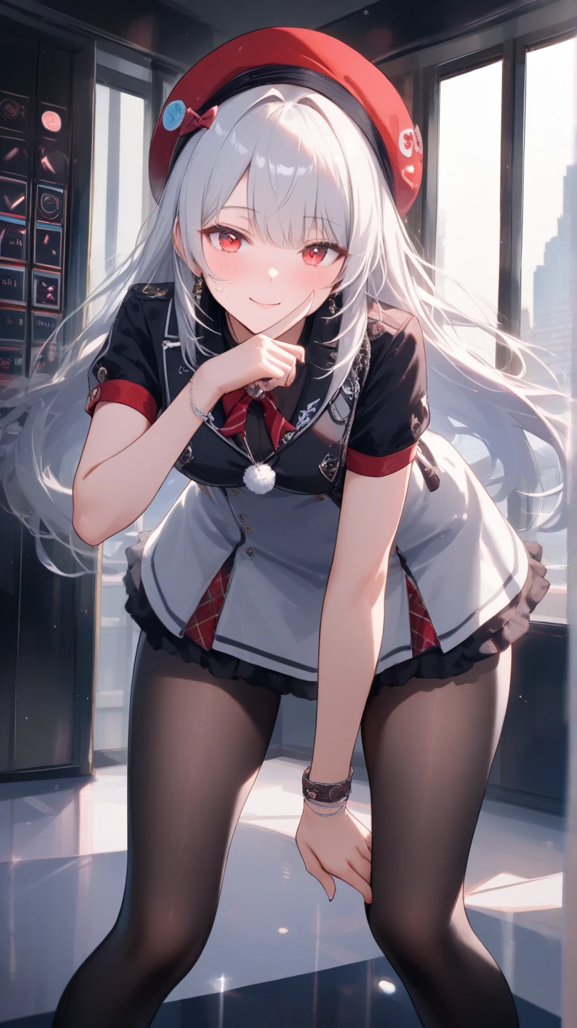 A shot that hit a gentleman in a full black suit in the head、Fresh red blood overflowing from the chest、fire a handgun、She lifts her skirt with both hands、Showing off cute white underwear.、Black garter belt、Black rough fishnet stockings、Plain white shirt with a red tie、Standing posture、Abandoned Factory