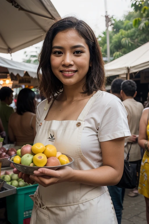 a 17 year old woman wearing a hijab in a long dress, sitting in front of a table full of various bananas, some of the bananas cut in half are put in a transparent plastic food container, the texture of the banana looks authentic, some of the bananas are put in a bamboo basket, wearing a traditional batik apron from java indonesia, 4k photography, connection, generating joy, flower market, art contest winner, amazing photo quality, indonesian traditional market, 1024×1024