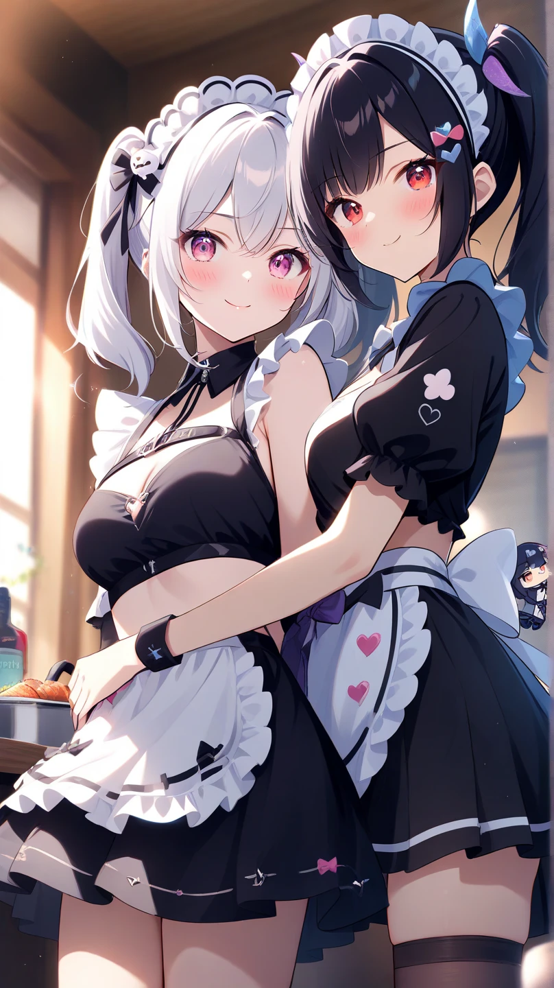 mastute piece,Best Quality,insanely detailed,
composition seen from the side,
2girl,2girls line up,2girls on all-fours,2girls raise butts,all girls look at front,turn butts towards each other,butt to butt together,(nudi-ty,maid,breasts out,no bra,no panties),blush,shy,2girls pink
hair,ponytail hear,perfect breasts,open mouth,in room,