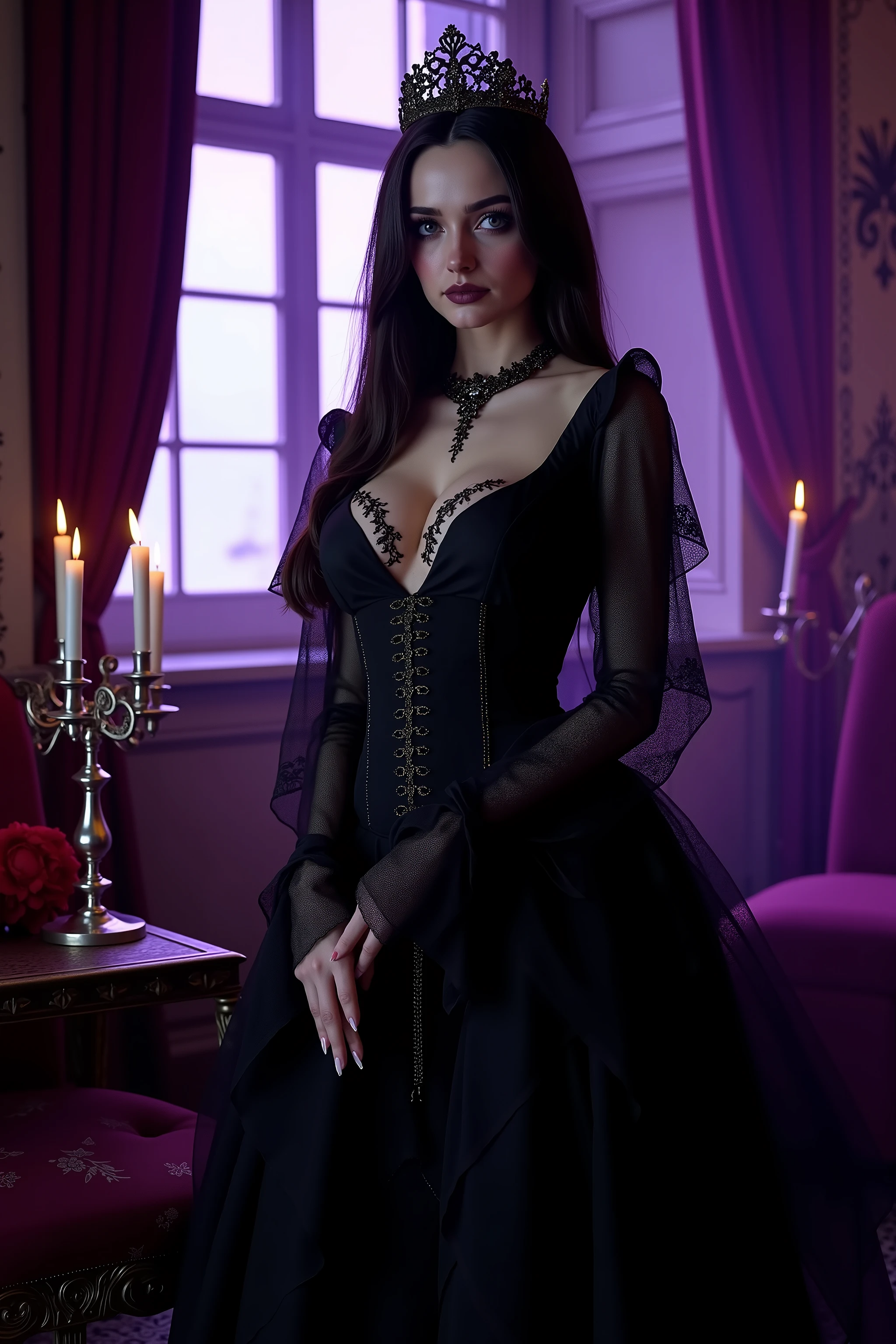 ultra attractive gothic woman, moody atmosphere, gothic/victorian style dress, black and violet, ultra-realistic,photo-realistic,ultra-detailed,physically-based rendering,dramatic lighting,chiaroscuro,ornate victorian interior,candelabra,heavy drapery,moonlight streaming through window,porcelain skin,piercing eyes,regal posture,haunting expression,4k,8k,masterpiece,extreme detail