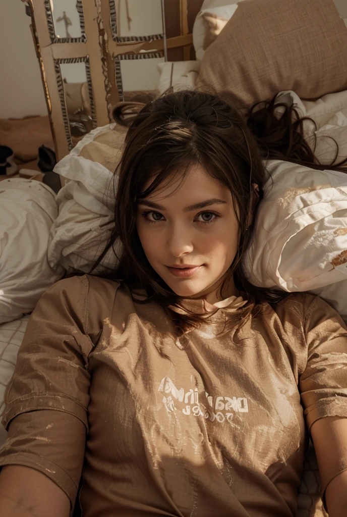 Jeune femme brune avec un t shirt qui prend un selfie sur son lit