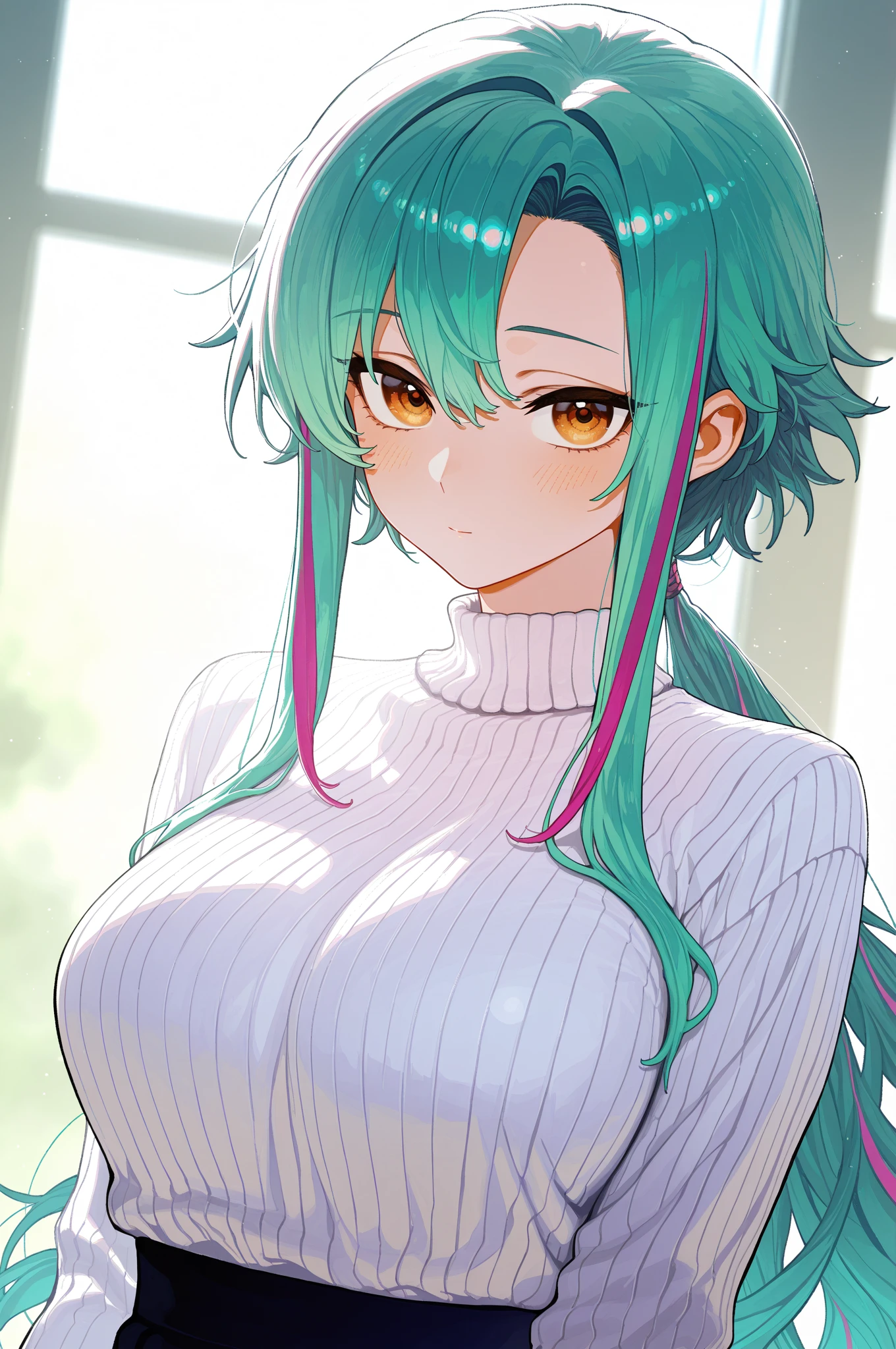 Second Dimension、Adult women、front、background、room、Pink hoodie、Open your mouth、Green Eyes、smile、Float your heart、Long Hair、Light blue hair、Chubby、chest、valley、clavicle、valley、White underwear、Thick thighs、Pink hoodie、Stand lamp