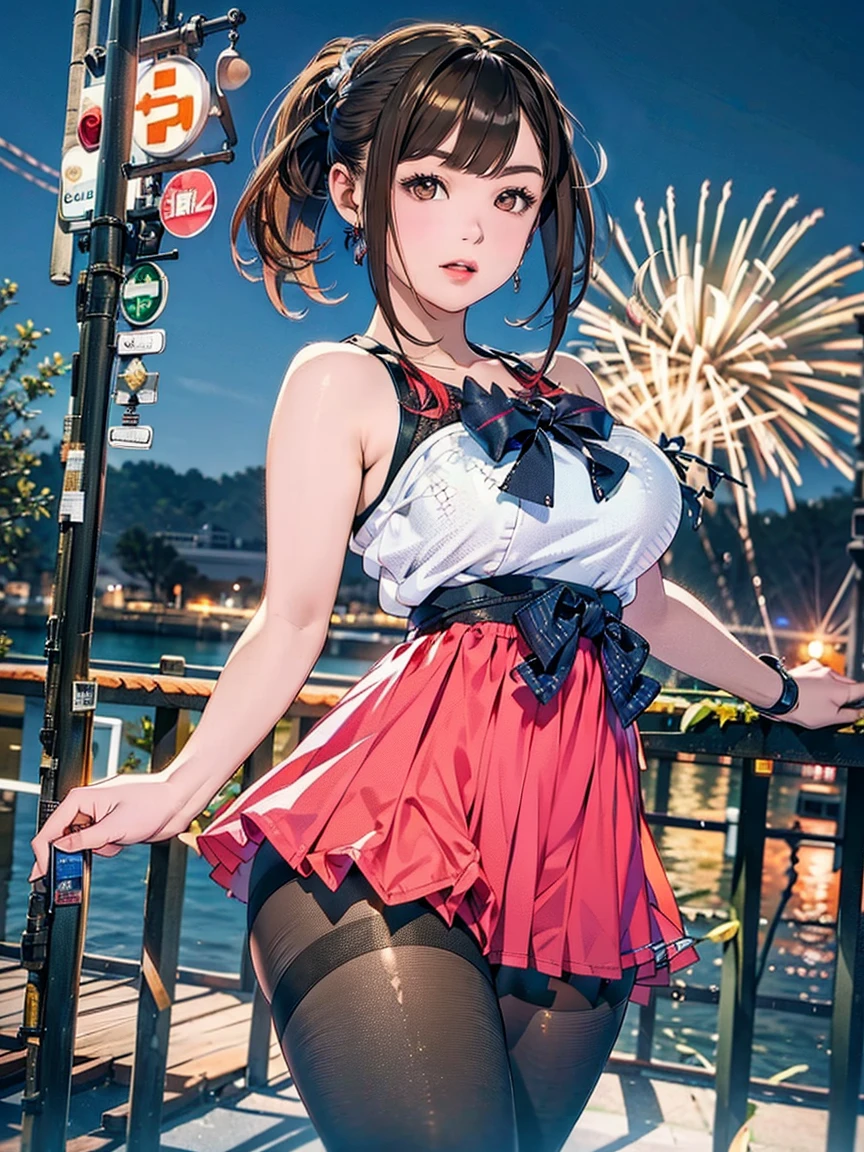Woman, Brown HAir, Long Hair, Ponytail, Blue Eyes, Very Large Breasts, ((Short Blue Translucent mini dress)), (((Translucid Dress))), High Heels, (at Scenic Overlook Watching Fireworks), at night