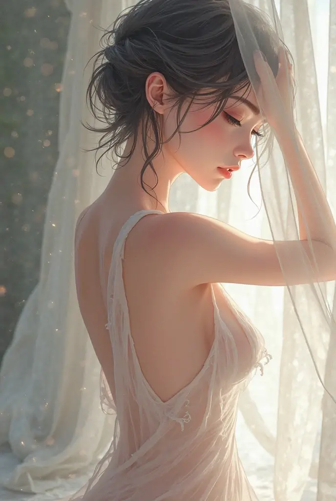 a woman wrapped in a towel sitting on a window sill, bali, her back is to us, trending in instagram, doja cat, real trending on instagram image, adoryanti, trending on instagram, kuntilanak, wearing nothing, studio ghiblo, inspired by Rudy Siswanto, exhibant au naturel, imaan hammam