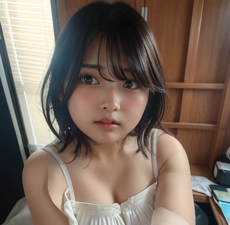(Striped bra:1.4)、Highest quality、Cinematic lighting、younger sister 、、Lie on the bed and spread your legs、Embarrassing、small 、Small breasts、Side Ponytail、Fine Lines、Sweaty、blush、14 years old showing pussy spreading pussy nude sex