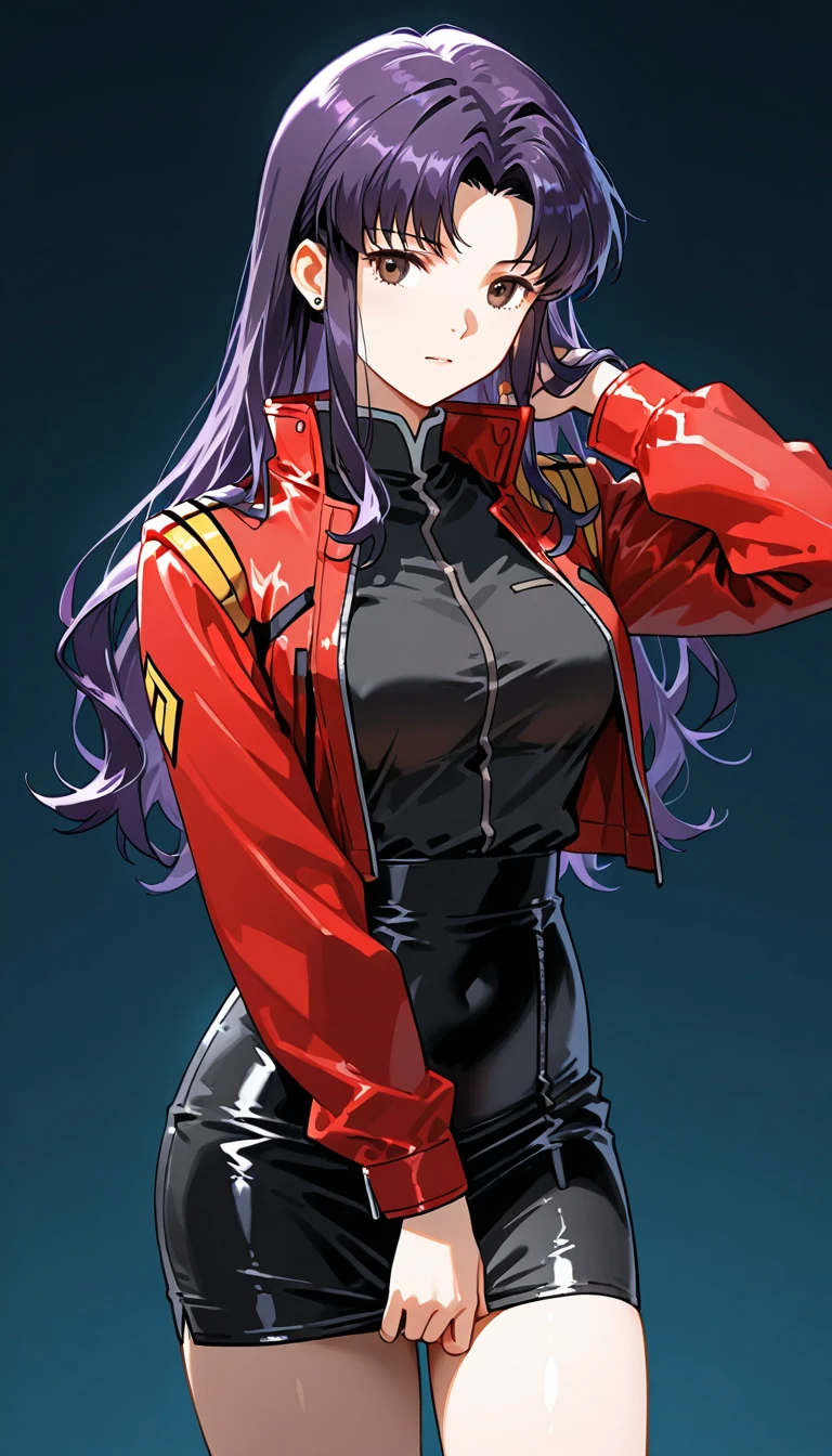 MisatoJ, 1girl, solo, purple hair, long hair, jewerly, earrings, jacket, breasts, looking at viewer, brown eyes, smile, bangs, red jacket, necklace, closed mouth, cross, cross necklace, cowboy shot,cropped jacket, long sleeves, dress, black dress, large breasts, stud earrings, short dress, arms behind head, ( from below:1.2) , open clothes, open jacket, blush, wide hips, hourglass body, curvy, milf, mature female,
outdoors, night, city, sky, buildings, neon city,
BREAK
masterpiece, best quality, highly detailed background, perfect lightingbest quality ((shiny skin, glossy skin, detailed skin)),
<lora:MisatoJ2:0.8>