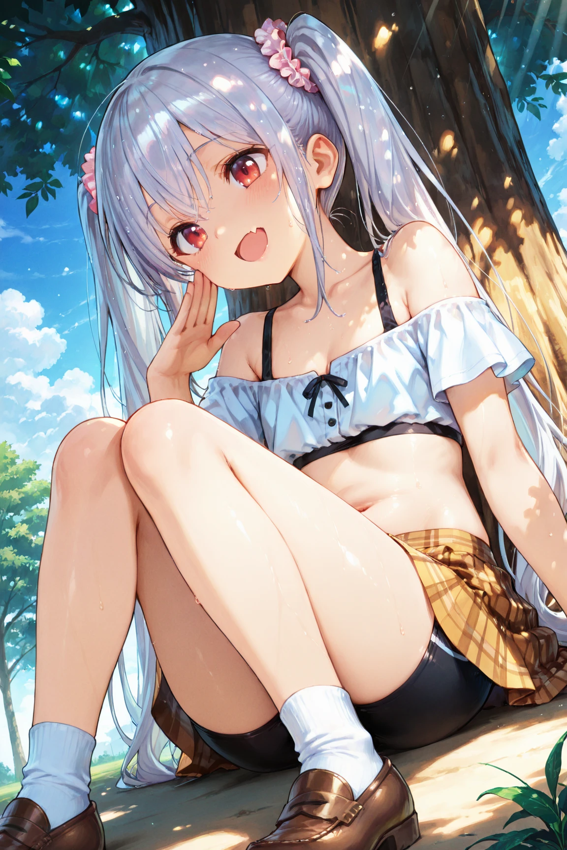 (8K, best quality, master piece: 1.5),super high resolution, One girl, solo, low angle, junior high school student, ultra-detailed face, detailed eyes, rainbow colored iris, cyan eyes, drill hair, Silver gray hair, blunt bangs, hairclip, orgasm face, pale skin, Medium chest, Indigo off-shoulder, show off panties, bare legs, anklet, garden,