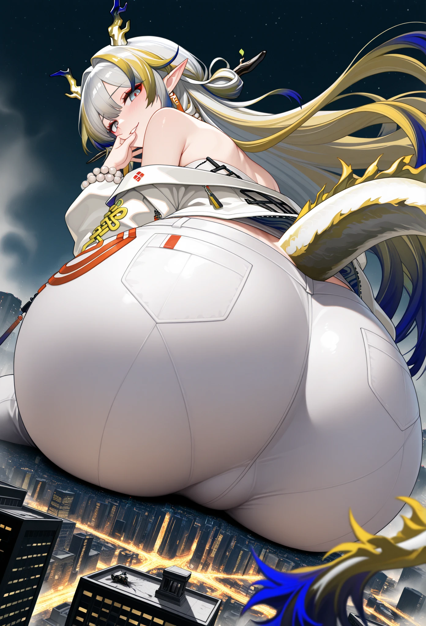 Saria(Arknights),grey hair,very curvy body,wears micro bikini,big breast,big thighs,big ass,erotic pose,laying on a mat,night time, midnight setting,very nsfw,((hentai art style)).