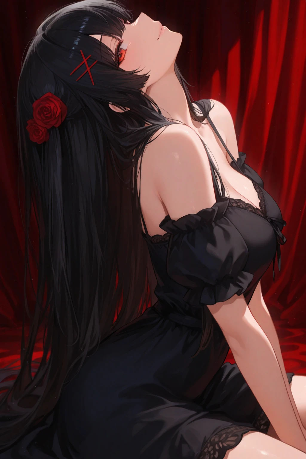 A young woman with long black hair, scarlet eyes, lush breasts, and a voluptuous figure, wearing a red dress and stockings, smiling seductively, 1girl, detailed facial features, high quality, photorealistic, elegant, dramatic lighting, cinematic, warm color tones