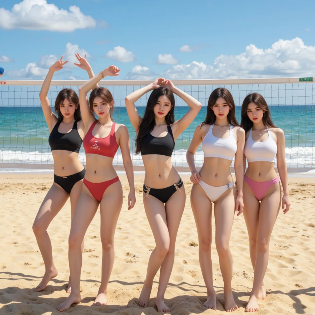 Back view、18-year-old、Beautiful four woman walking on the seaside、short hair and Long brown hair fluttering in the wind、Large Breasts、The best proportions、Bikini Swimwear、Photorealistic、4K、Different Hairstyle、Facial Variations、