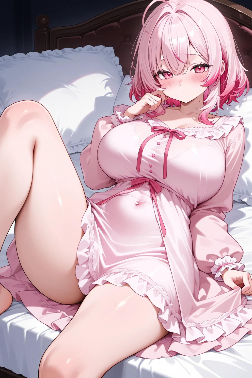 Exusiai(Arknights),red hair,peach skin, curvy body,big breast,thick thighs,wears exposed pajamas,pet collar,visible nipples,visible pussy, sleeping on bed, snoring.