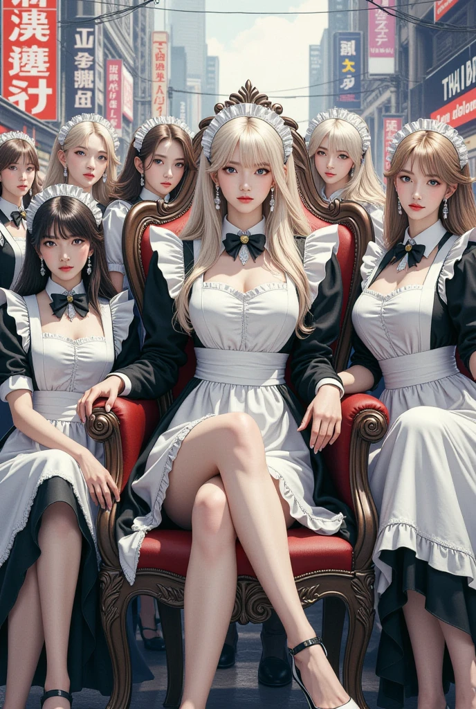 multiple sexy servant girls standing or kneeling in front of main character princess wearing maid dresses and stockings in the background, main character is noble young princess in bride wedding lace dress and stockings sitting on throne, full body shot, show full body from head to toes, only females on the picture, inside palace background, white and even teeth, makeup, lipstick, slim body