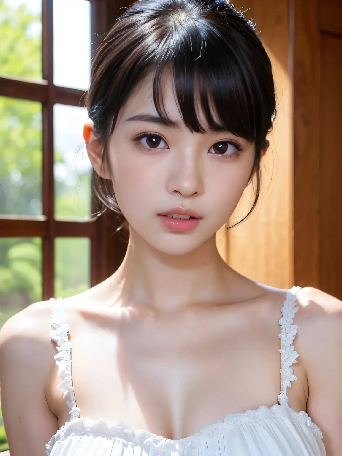 ((​masterpiece))), (((Full body photo，i&#39;I lie on my back in bed))，(One beautiful Japan girl, innocence，kawaii) ，超A high resolution, Realistic, ultra-detailliert, 8K,top-quality, Extremely detailed, blurry backround,A slender,small tits，very beautiful japanese girl, Detailed face:1.3), (shorth hair，A dark-haired :1.4), (a baby face，kawaii系,adorable girl), (Perfect body:1.1),beautiful young woman with，perfect body and beautiful big eyes, perfectly slim body, Female, in bed, Tied with a ribbon, Wet white  blouse, White panty, bright skin, Arms raised, SFW, Ecchi, cute panty，Let loose，Realistic:1.37，no-makeup，Neutral Lighting，(Best illumination, Best Shadow, extremely delicate and beautiful),