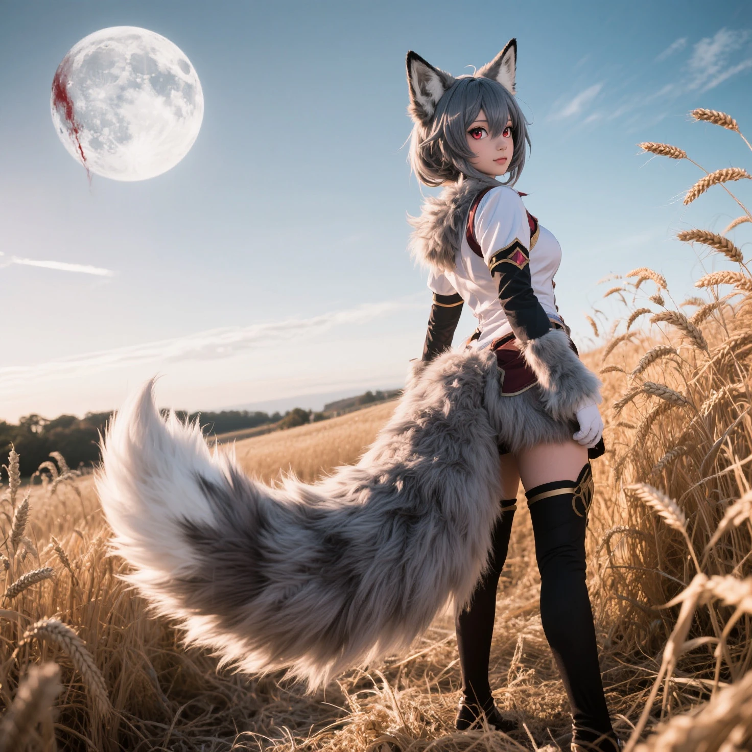 (((SFW, Holo the wise wolf、Spice and wolf、Cosplay))), ((with dignified tail)), (masterpiece:1.2, best quality, photorealistic:1.37), {(Standing Full Body:1.2)|(from below:1.2)},extremely Detailed, Wheat field, bloody moon, ( wolf tail, tail, wolf tail butt plug, wolf tail anal plug)