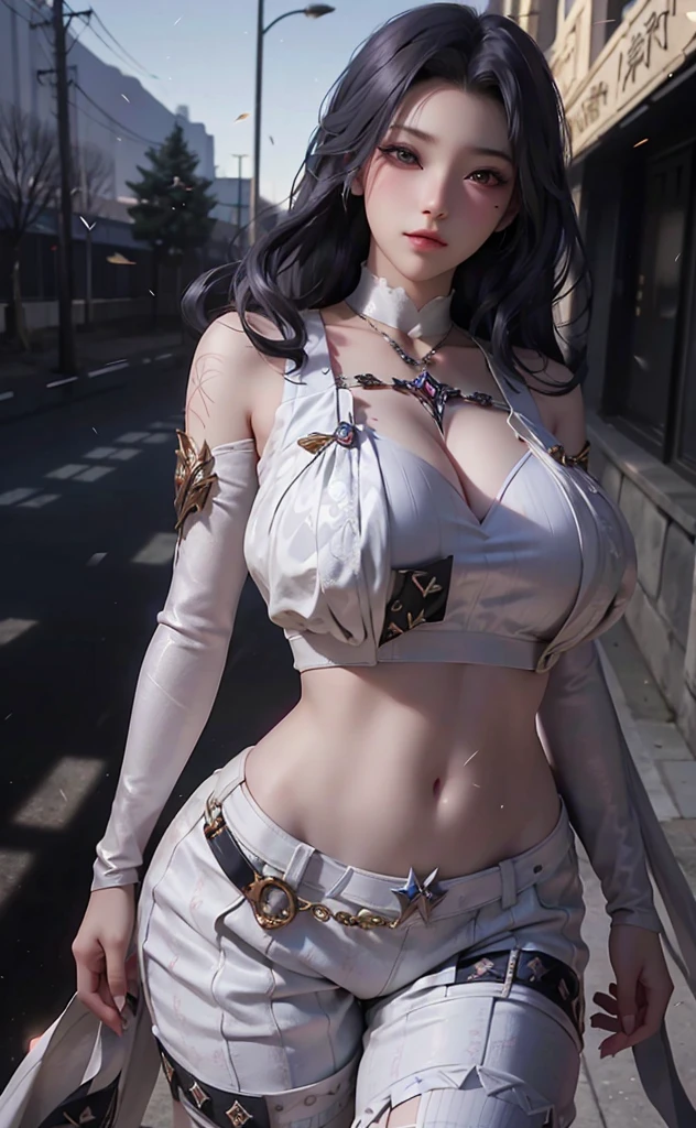 A girl，Wearing a lace bikini，Black lace bra，Black lace super shorts，C cup，perfect bodies，largeeyes，Purple pupils，Black hair，long whitr hair，hair adornments，Ji hair style，eardrop，Be red in the face，is shy，prette，adolable，facing to audience，full bodyesbian，Above the calves，City sky background，depth of fields，wallpaper hd，The most intricate details，Highest high resolution，best illuminate，best qualtiy