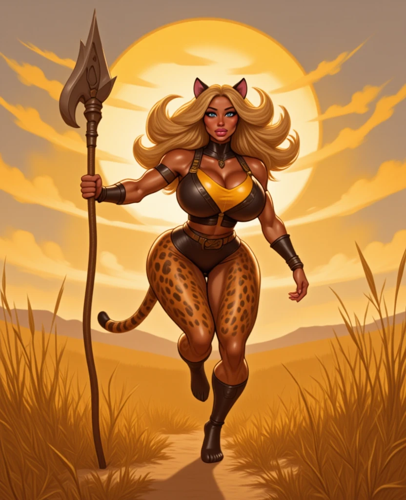 Muscle girl, dark-skinned woman, big chest, wings, happy,, , panties,, portrait, 1character, full body, walking, ,village, farm, , forest,flipflops,blond hair, revealing cloth, leopard cloths , barbarian,wings, fake animal ears, light smile, ear blush, fang, Surrealism, drop shadow, anaglyph, stereogram, tachi-e, pov, atmospheric perspective, Romanticism, Renaissance, 8k, super detail, ccurate, best quality, best quality, high quality, super detail, anatomically correct, UHD, retina, masterpiece, textured skin, ccurate, high details, award winning, highres, 1080P, HD, 4K, staff holding, angel wings, panty, walking,tribal clothing,sauvage,primitiv cloths, crazy smile, open mouth,red eyes