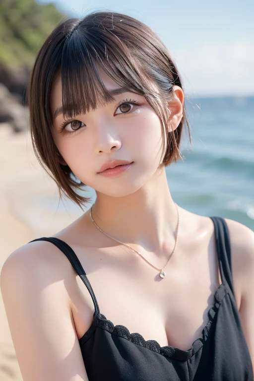 girl, White skin, ((Dark brown short tiered hair)), V cut with layers and bangs, Brown eyes, Soft atmosphere characteristics (Highest quality, Ultra-high resolution, 8k, RAW Photos, Ultra-high resolution: 1.2, masterpiece: 1.3), (Realistic, Realistic: 1.37), Very detailed, Professional Lighting, Photon Mapping, Radio City, 物理ベースレンダring, One Girl, （high school girl）, Sharp focus:1.2、Beautiful woman:1.4,cute, Nice, Adorable smile, Normal chest, Cross Necklace、Earrings、ring,(Cleavage)、Selfie, Navy rash guard, Surfing pose on the beach, Beaches with high waves