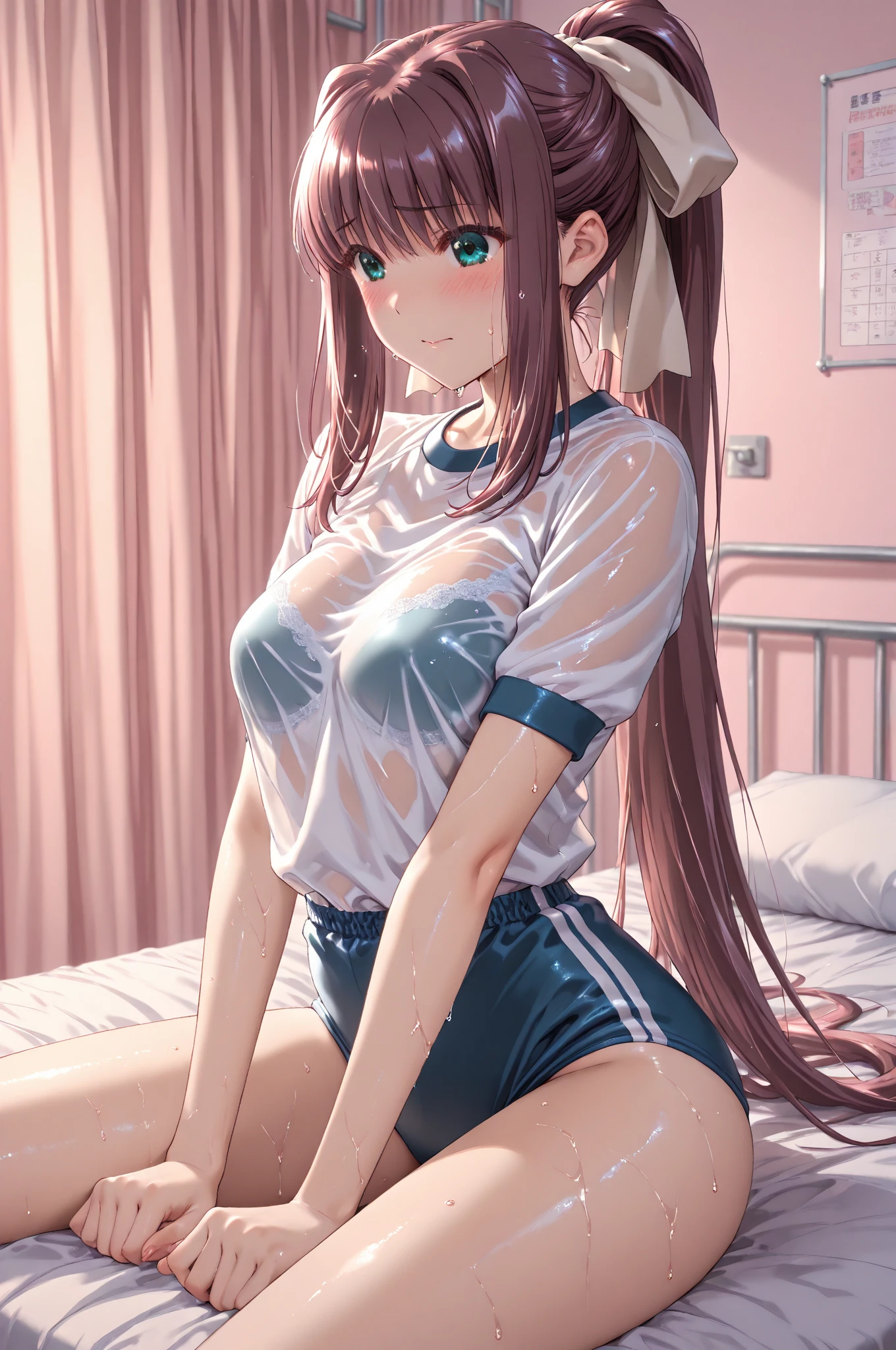 masterpiece,最high quality,high quality,4K,8k,High resolution,Full HD,Beautiful 20 year old girl,Large Breasts,D Cup,Twin tails,uniform,mini skirt,T-back shorts,On my back,M-shaped legs,On the bed,Pastel colored room