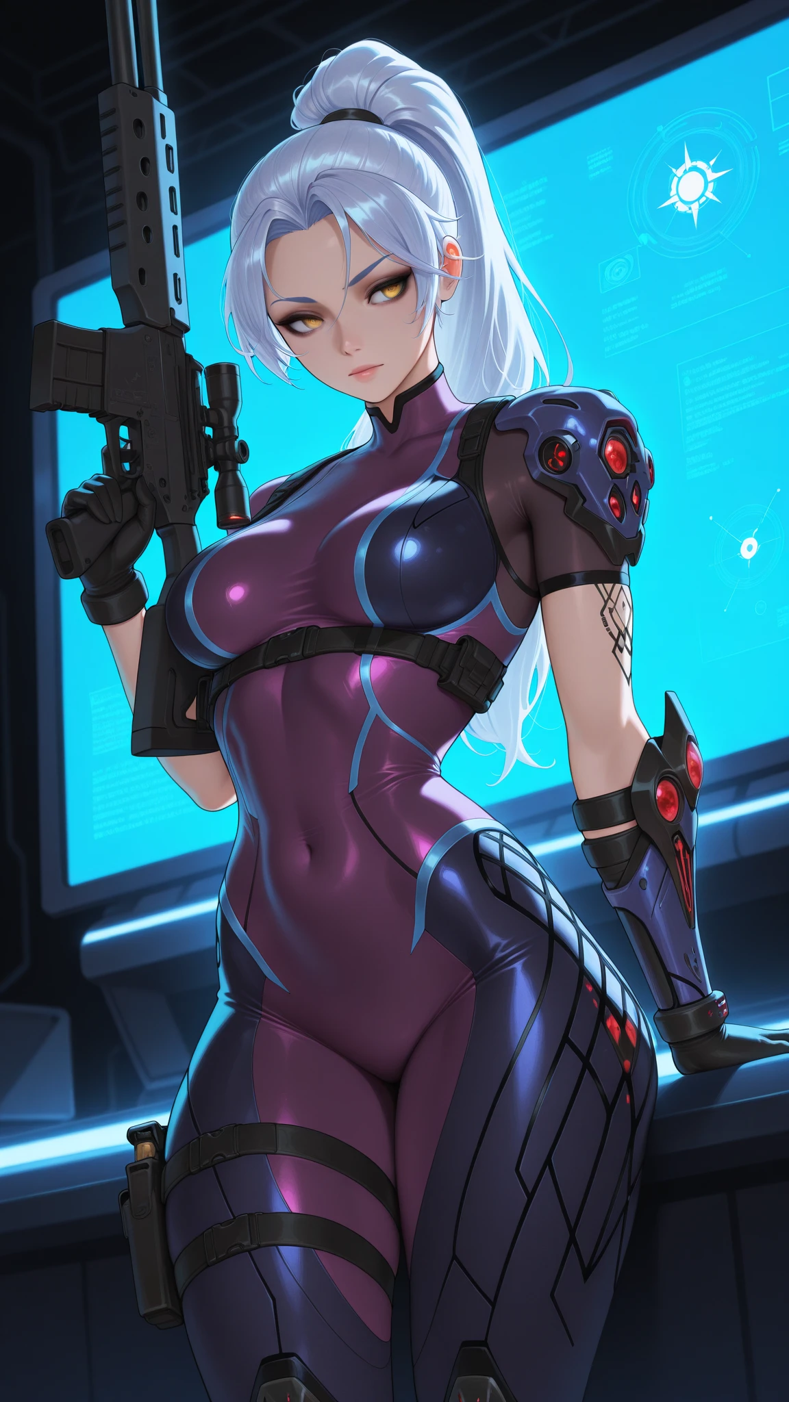 1girl, athletic, breasts, sxz-mgr-v1-4000 in battle stand, ninja assasin, metal gear type body armor, ((wearing metallic mouth mask)), white long messy hair, blue eyes, holding sword, dynamic pose, covered in blood, (detailed background), military base, (lens distortion:0,7), (chromatic aberration:0.7), (fim grain:0.7), intricate, unreal engine 5, volumetric lighting, realistic, cinematic, 4k, cinematic lighting, depth of field, masterpiece, perfect, hyper-detailed, hard lighting, intricate details, stop motion, hyperfocus, tonemapping, sharp focus, hyper detailed, ((white+blue theme))