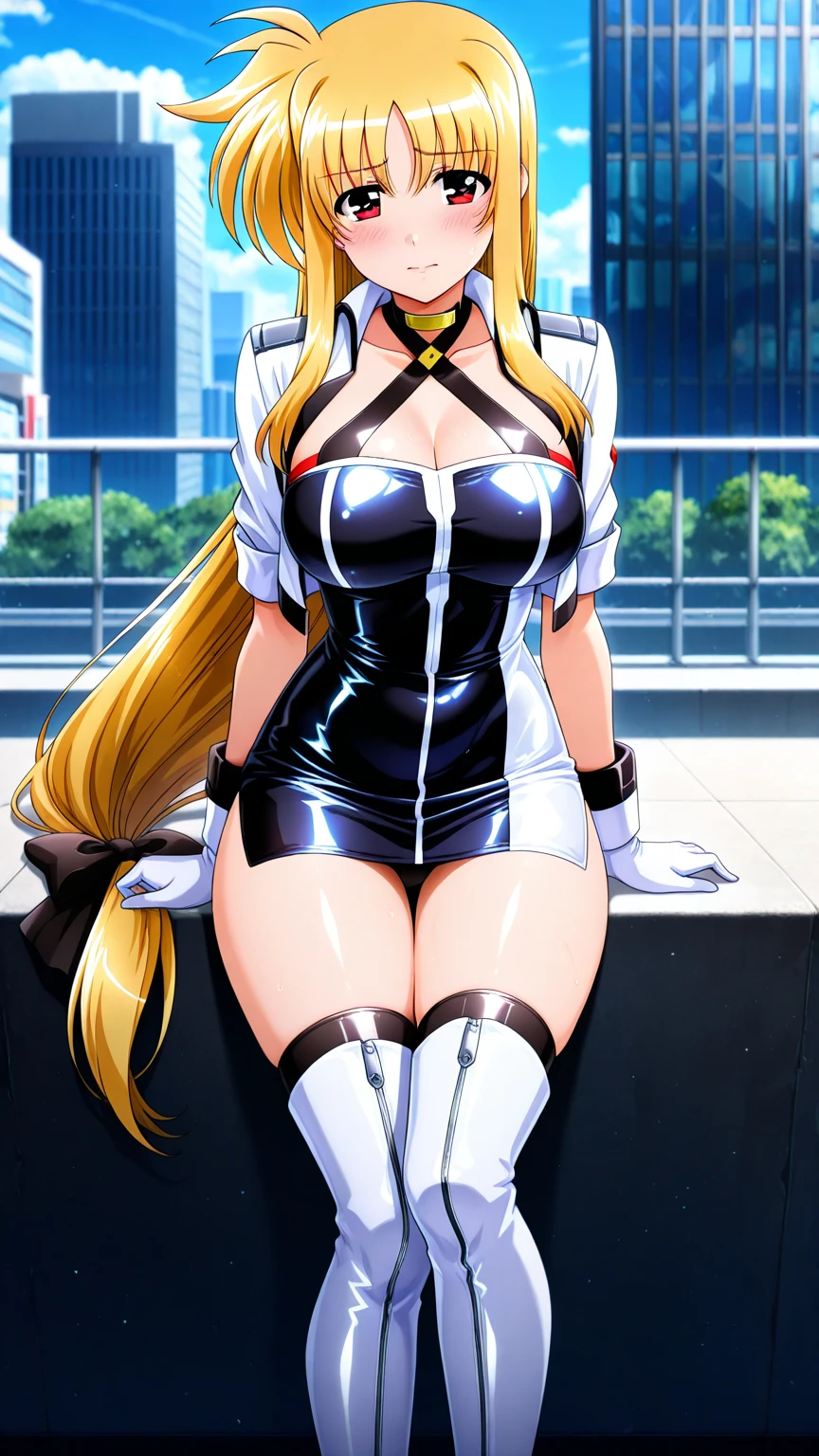 (masterpiece), (best quality), hoshino_ruri_(nadesico), 1girl, blonde hair, twintails, hair ornament, latex bodysuit, breasts, looking at viewer, green eyes, restaurant, indoors