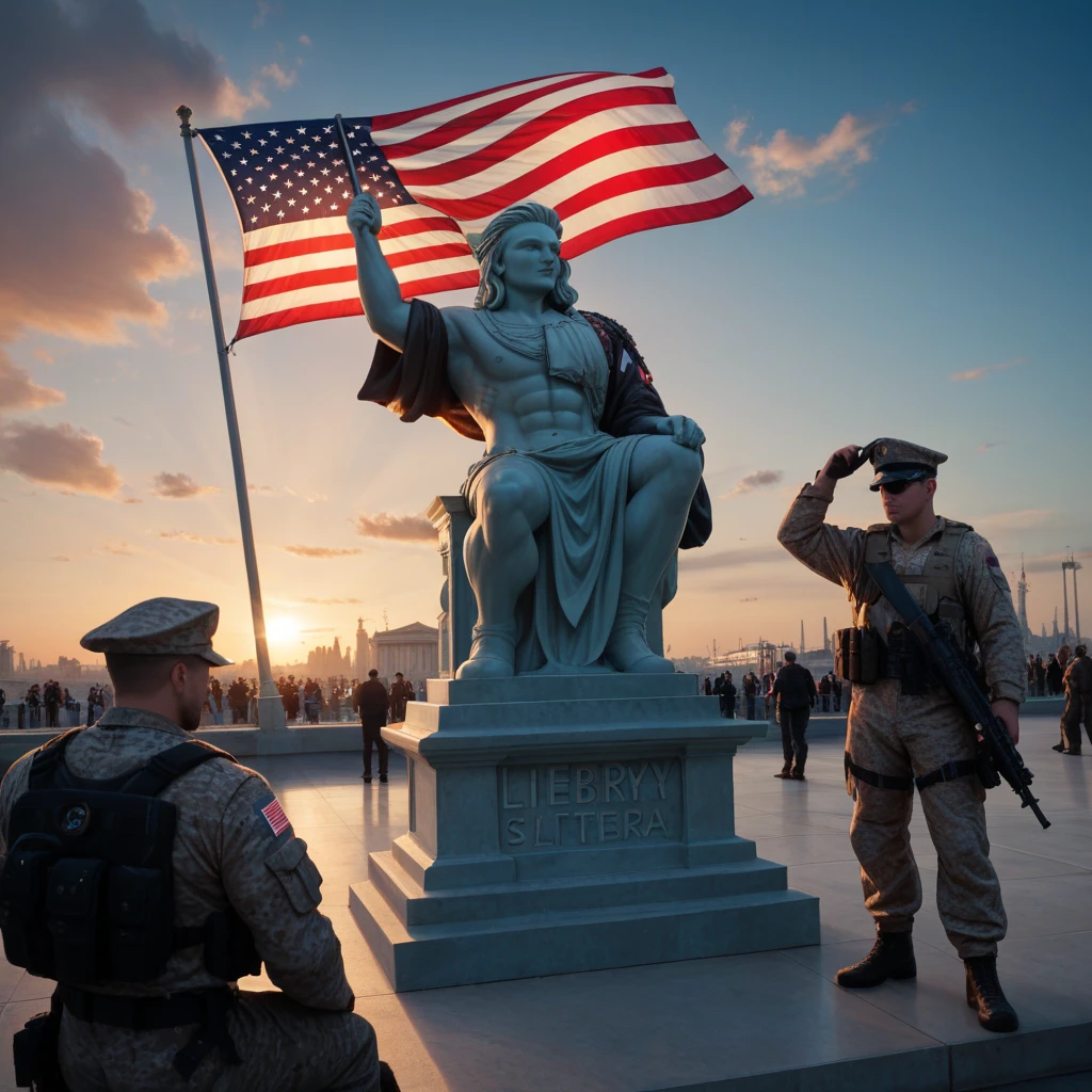 Exact Replica portrait of U.S. Marine Corps War Memorial in Arlington, Virginia, Grey hour, clouds, Colourful American Flag, Whitehouse in background