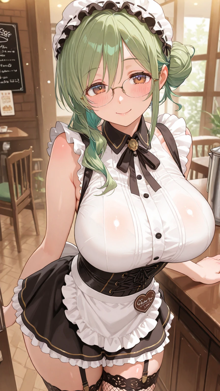 woman, braided pigtails, huge breasts, (huge breasts: 1.8), glasses, blue eyes, green hair, underwear, underwear visible, thong underwear, string panties, pubic hair sticking out, pubic hair sticking out, nipples erect, nipples erect, outside, nipples erect, nipples erect, knee-socks, hat, ribbon, belly button, hug, bare shoulders, flowers, small breasts, black knee-socks, indoors, bow tie, hair over one eye, front zipper leotard, cups, wrist cuffs, detachable collar, rose, playboy bunny, horse ears, horse girl, horse tail, blue hat, tray, blue flowers, flowers on hat, blue leotard, hugging tray, front zipper open, front zipper open to stomach