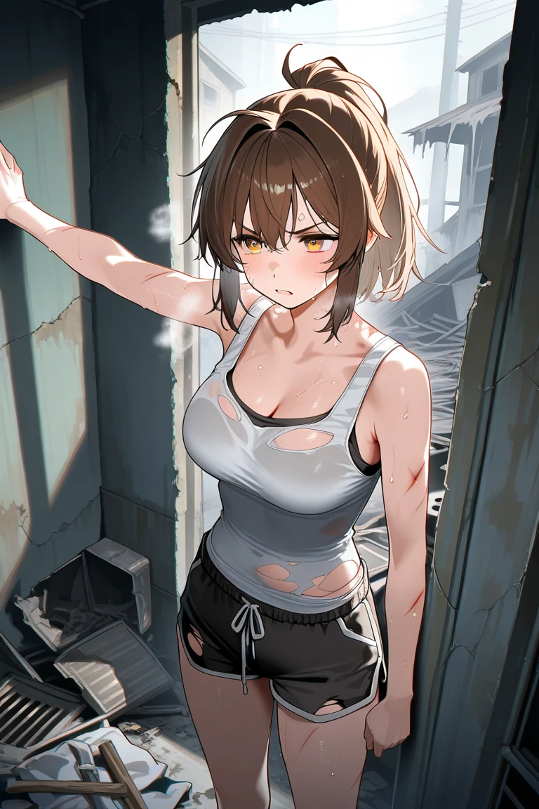 takeda hiromitsu style,(((masterpiece, highest quality:1.3,absurdres))),cowboy shot,20 year old beauty,Sniper、solo,((very small head)),short bob hair,bangs,dark brown hair,brown eyes,blush,medium breasts,((very long body)),((slender body)),skinny,gleaming skin,shiny skin, Black turtleneck、No sleeve、Crop length、navel、Black micro mini shorts、hold an automatic rifle with both hands、((Shooting position:1.5、Aim at the target、Look into the sight))、Accurately rendered guns、rooftop of high-rise building、Tokyo、moonlight、