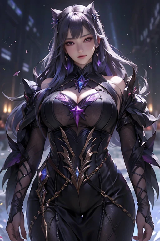 A 23-year-old woman, personifying the enchanting allure of the amethyst gemstone, stands before you. Her raven-black hair cascades down her shoulders, framing a lock of deep-purple hues that gleams under the cinematic lighting. The shine and beauty of the amethyst stone are reflected in her eyes, making the atmosphere around her magically and mysteriously captivating. The intricately detailed palette of colors and lighting, rendered in lifelike CGI, transports you to a realm of ethereal wonder as she poses serenely, the essence of pure enchantment.