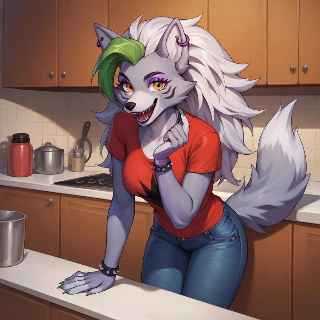 score_9, score_8_up, score_7_up, score_6_up, score_5_up, score_4_up, roxanne wolf, (whisperfoot style), anthro furry, wolf ears, ear piercings, grey fur, yellow eyes, long fluffy tail, grey tail, long hair, grey hair, (strand of green hair), very large breasts, cleavage, (naked apron outfit), (red apron), cameltoe, bare feet, bare hands, sexy curves, big head, (solo), cooking, holding laddle, bending over, seductive pose, looking at viewer, seductive stare, hand behind head, (kitchen background)