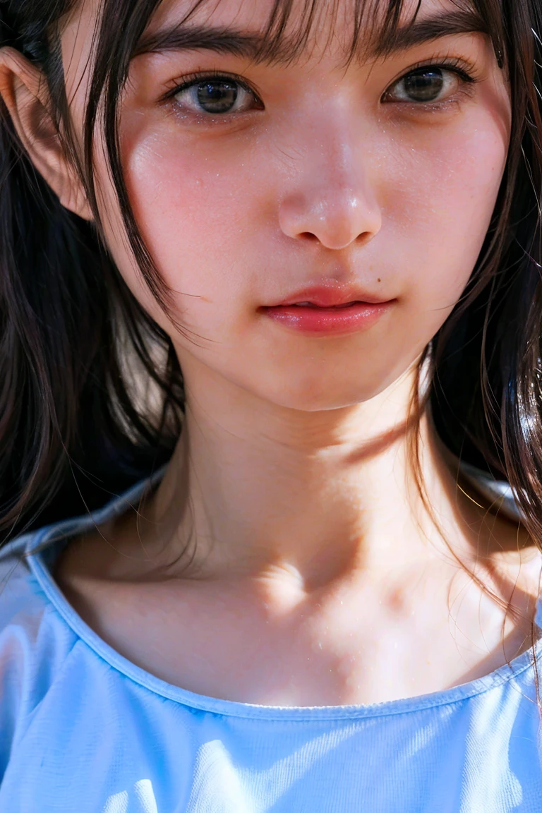 (Realistic, Photorealistic: 1.37), (8K, Raw photo, Best Quality, masutepiece: 1.2), Detailed face, Detailed eyes, Shy smile, messy and wet hair, Coco private house、Tropical trees々々、a slight light、Realistic skin with visible pores