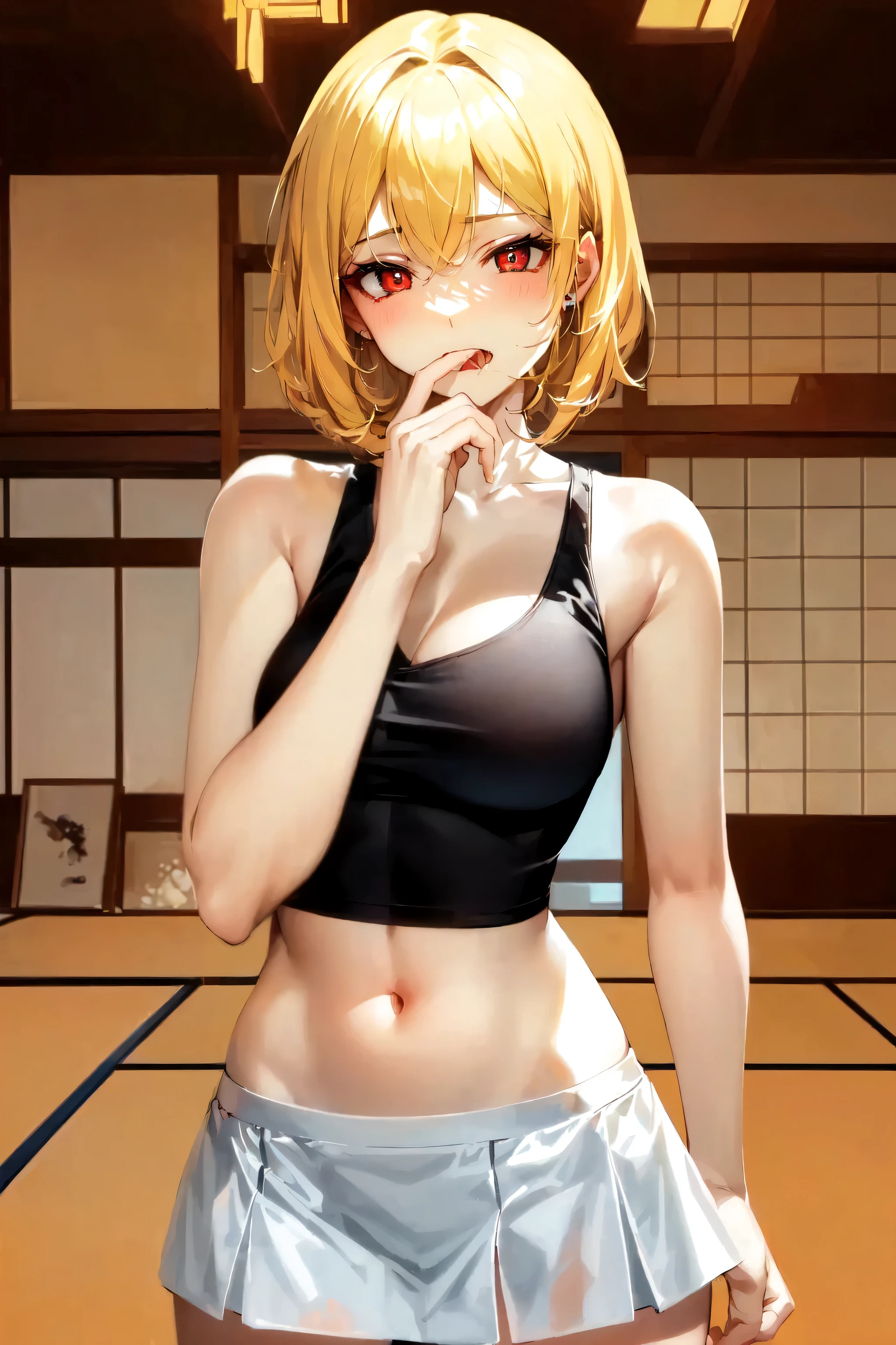 A beautiful blonde barefoot woman, with short wavy hair, wearing a black blindfold, a black sportsbra and sportsshorts, doing the yoga lotos pose, looking happy.