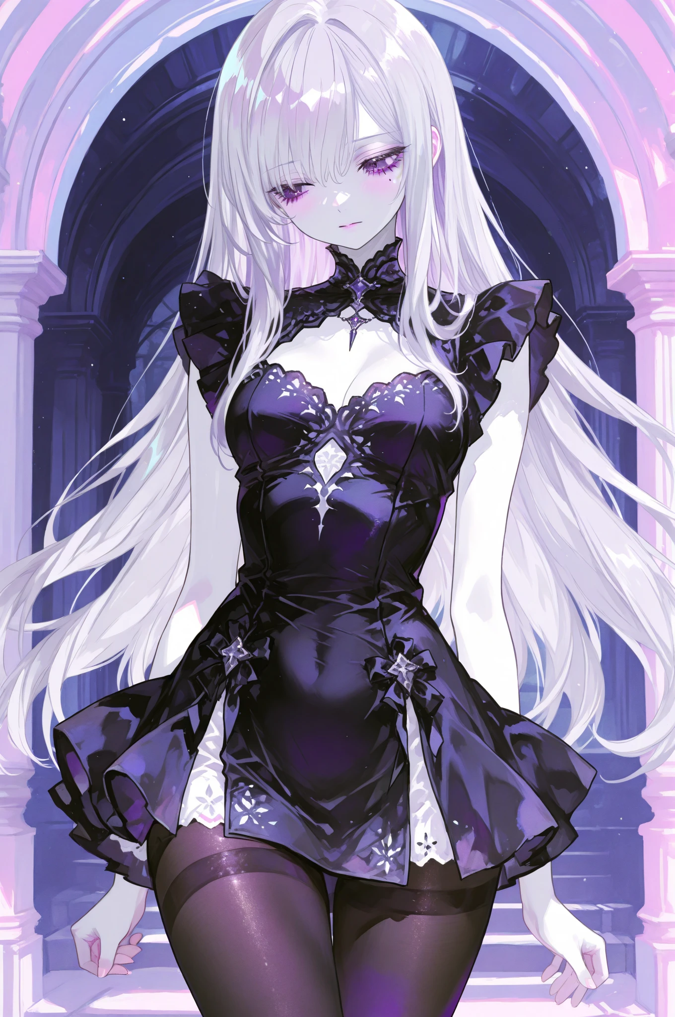 A beautiful anime-style girl with long hair and a purple flower、A contrast living in the dark graveyard（B99、W55、H68）A beautiful girl with a glamorous body、A beautiful immoral girl in a provocative black and grey dress、Crow、Undead、chaos、mystery。