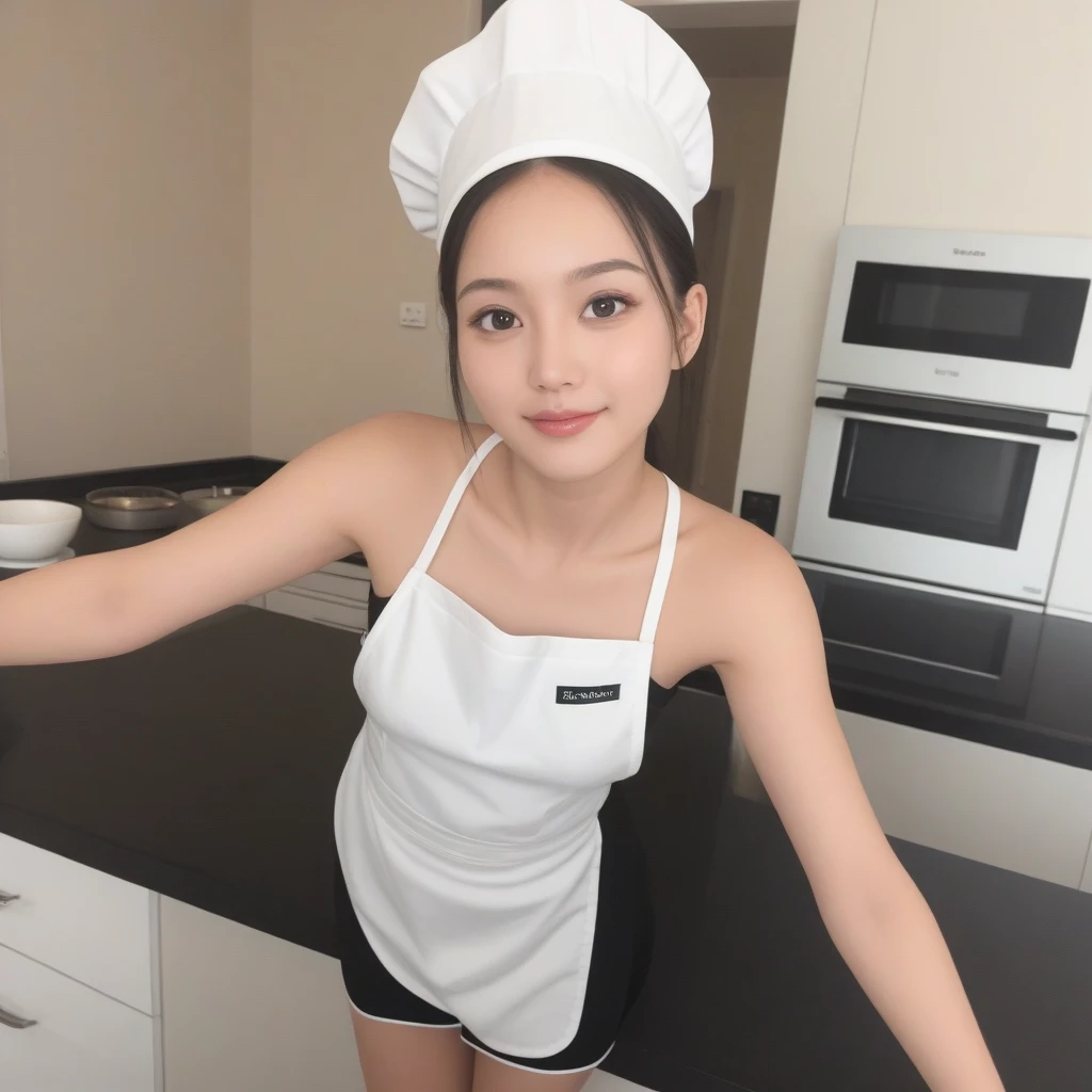 (In 8K、Highest quality、masterpiece:1.2)、(Realistic、Photorealistic:1.2)、A woman is cooking, Cute Face、smile、(naked_apron:1.3), Good move,4K, High resolution, masterpiece, Highest quality, head:1.3,((Hasselblad Photography)), Detailed skin, hand up to head back, Sharp focus, (Cinema Lighting), Soft lighting, Dynamic Angle, [:(Detailed face:1.2):0.2], Large Breasts, Sweaty skin:1.2, (((Inside the kitchen)))