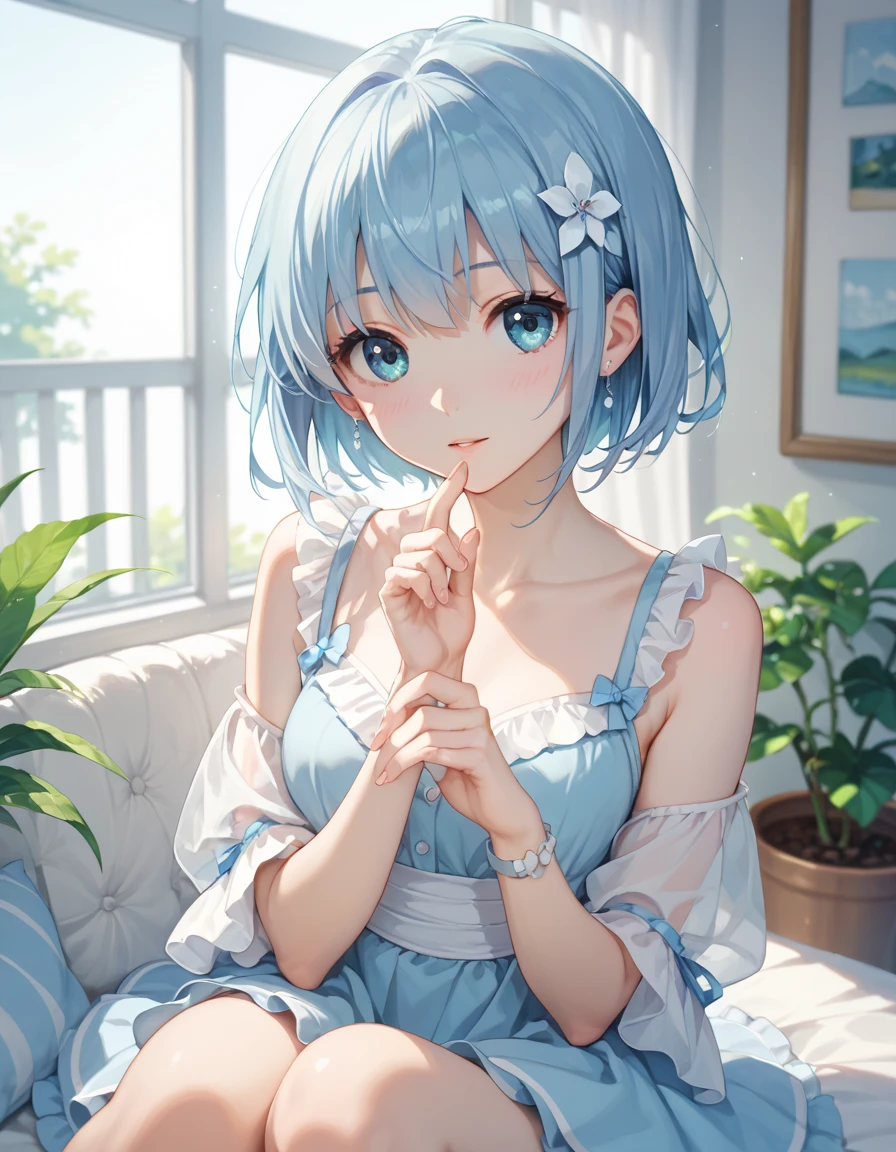 1 girl((Loli)), silver blue ombre hair((short fluffy hair)), blue eyes, cute white dress((sleeveless)), livingroom((blurry background)), sitting on sofa, looking at viewer, smiling happily