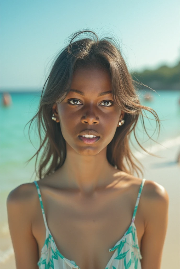 half body portrait, black woman, shot hair, on a yacht, shot on kodak gold 400