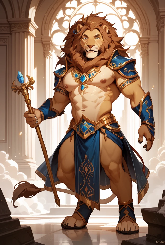 (Best Quality, ultra-independent) Male lion with a very thick blonde mane., gold eyes, and a slightly muscular body, adorned with very marked abs. Stands confidently with his feet in the desert., the warm sunlight casting a golden hue on his body. , creating an environment, his muscles shining in the sun. The scene is rendered in exquisite detail and has a realistic quality.., delivering a masterpiece that is sure to captivate the viewer. and the character can be seen in full body from head to toe.