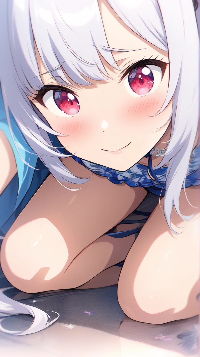 beautiful, masterpiece, Highest quality, anime, One girl, C Cup,Portrait Shot, View your viewers, Covered、Short Hair、nearby、Blue Eyes、art、、White hair,Blue streaked hair、hairpin、Cute Shy、Thighs、Cute、blue sky、Beautiful breasts、Heartful Harness、valley、Nipples、Pussy、Sweat、Armpit、Heart Under Harness、Body Harness、Nude、Tightening、Penetration、Lying on your back、閉foot、stretch_foot