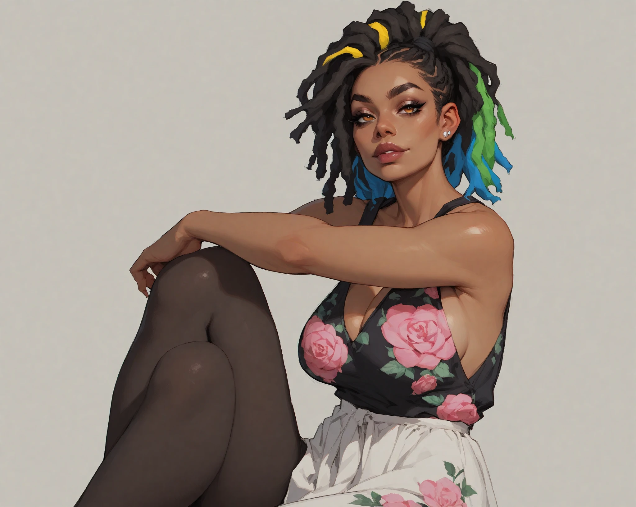 dark skinned female with long black hair, wearing fishnets, wearing mesh sleeveless top, wearing black mini skirt, in bedroom, covered in japanese tattoos, solid pink backround