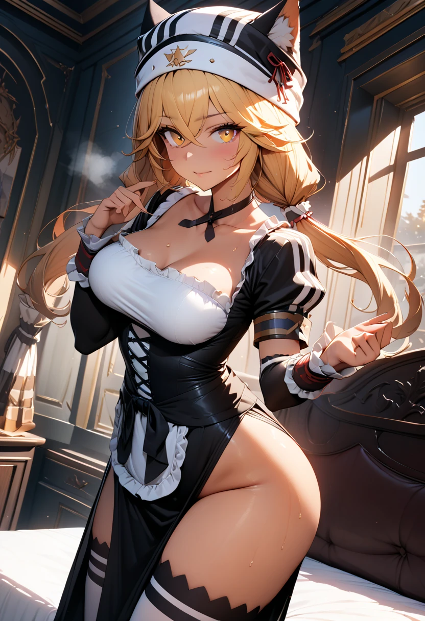 Himiko Toga, ,,(Alone),Himiko toga,(boku no hero academia),(short blonde hair with two messy pulps in her hair and yellow eyes with cat pupils),(Wearing),+,Wearing),+,(\A maid uniform with The apron is made of sheer, almost translucent black lace, which barely hides the maid's curvaceous body underneath. The front falls scandalously low, exposing the fullness of her breasts and most of her cleavage. Thin straps hold the apron in place, digging into your shoulders and drawing attention to your toned arms. Her corset is a slinky red number with built-in push-up cups that enhance her already impressive bust size. The corset has a deep V-neckline that disappears into the apron, emphasizing her ample cleavage. Thong-style laces crisscross her back, drawing attention to her narrow waist and the tantalizing hint of her ass. Her miniskirt is made from the same sheer lace as her apron, ending at mid-thigh to give a full view of her toned legs and the red garter belt wrapped around them. The garter belt supports fishnet stockings that ride up mid-thigh, adding a touch of fetish to the overall look. On her feet, she wears stiletto heels with ankle straps, enhancing her seductive and leggy appearance. Her hair is styled in loose, tousled waves, framing her face and drawing attention to her full lips, painted a bold crimson red. To complete the look, she uses a white duster as a prop, using it to tease and caress her own body in suggestive ways. The overall effect is one of unabashed, unapologetic sexuality packaged in a classic maid uniform that has become entirely explicit and provocative.)/,+,(\Facing the front of the fourth wall looking at the fourth wall:1.5)/