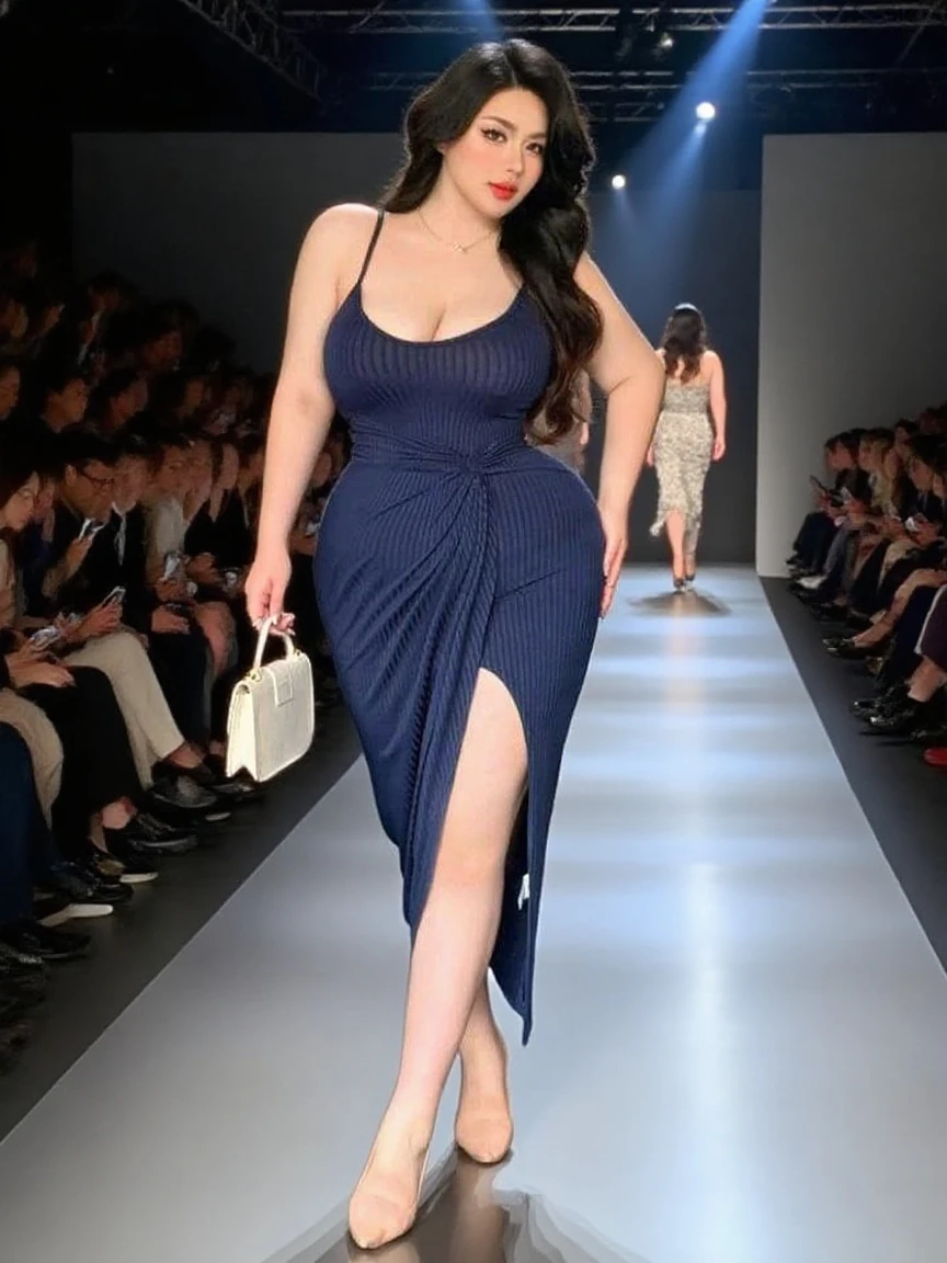 A realistic Photo  of a Curvy Spanish redhead girl, red hairs ,, hot girl brown eyes, medium breast , makeup, hair roots slightly faded, , doing ramp walk on stage, hyper-realistic photo , Blackdress