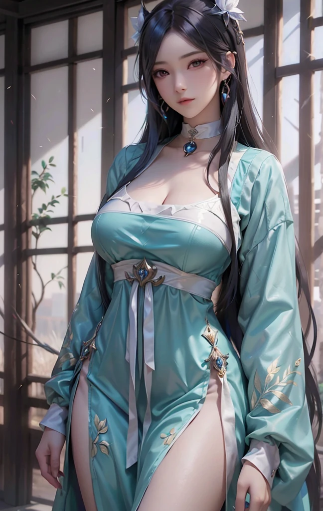 delicated best quality ,masterpiece, illustration, an extremely delicate and beautiful, extremely detailed ,CG ,unity ,8k wallpaper, Amazing, finely detail, masterpiece,best quality,official art,extremely detailed CG unity 8k wallpaper,absurdres, incredibly absurdres, huge filesize , ultra-detailed, highres, extremely detailed,beautiful detailed girl, extremely detailed eyes and face, beautiful detailed eyes,light on face,1girl, (Super realistic), (((green hair))), , (blue eyes), (high bun with brooch
​), ((jewelry)), (((describe the arm in detail))), (((Super boobs))), ((sagging breasts)), ((Plump body)), (Big breasts), ((Plump boobs)),, (detailed description of hair), ((upper body)), (Bare shoulder), ((collarbone)), (off shoulder), (Shiny skin), (detailed description of face), (Extremely detailed description of the eyes), (detailed description of body), (white and translucent skin), peerless beauty, (extreme beauty), (red lips), (shy ), (seductive smile), ((facing the viewer)), ((facing)), (((hanfu))), ((long sleeves)), ((wide sleeves)), (((cherry blossom))), (falling petal), (She sits gracefully by the tranquil cherry blossom lake, moonlight), the water surface is reflective, (any pose), (((soaked))), ((There is a lot of water on the body))