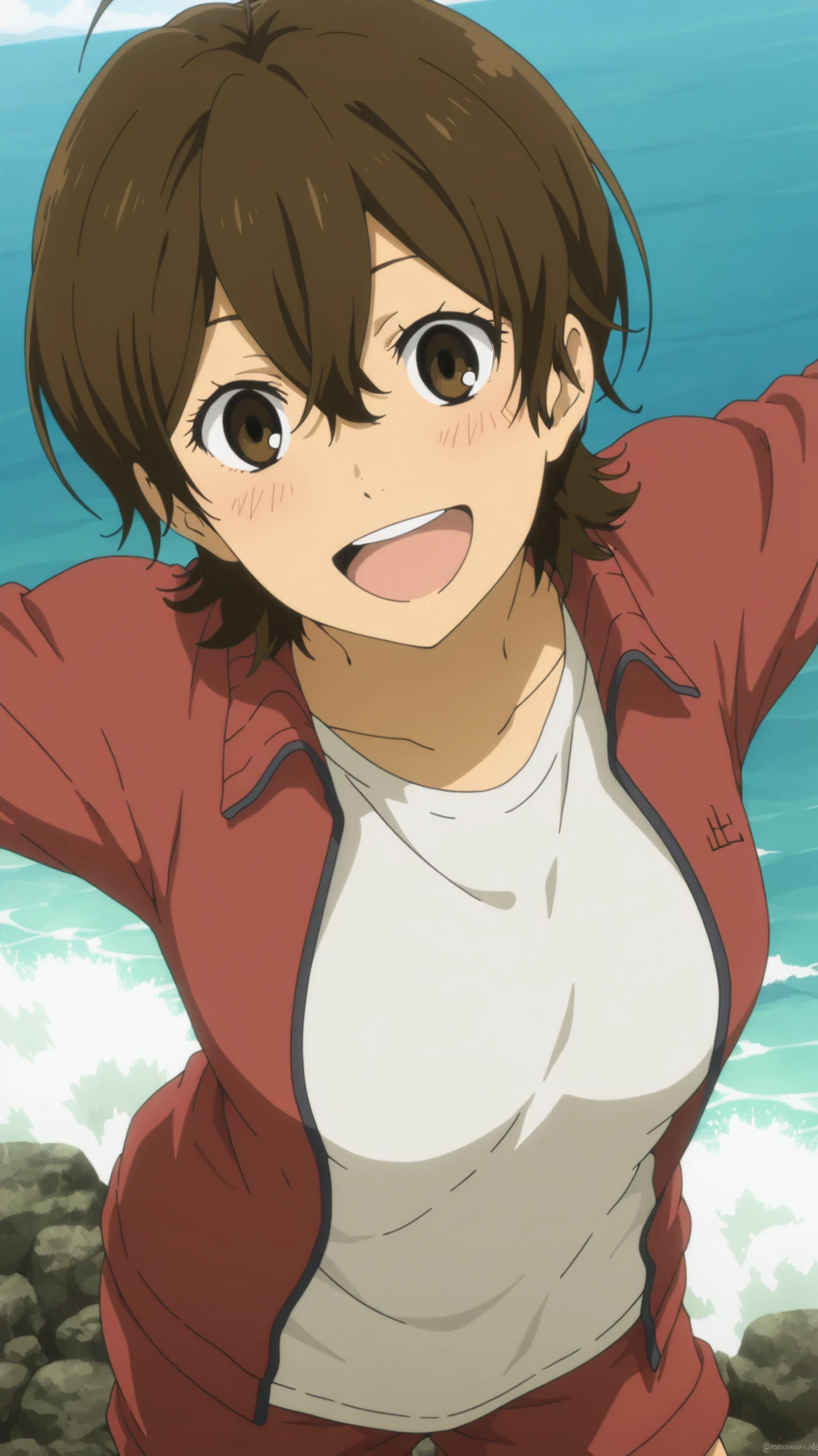 Miwa,barakamon,
High quality , best quality , masterpiece, High Resolution ,,anatomically correct,,anime Coloring,
1girl,solo
brown hair, brown eyes, short hair,smile breasts,
, ,White shirt,red shorts, red track jacket(center opening)
looking at viewer,close up,
sea,
smile,happy,blush,open mouth,spread arms