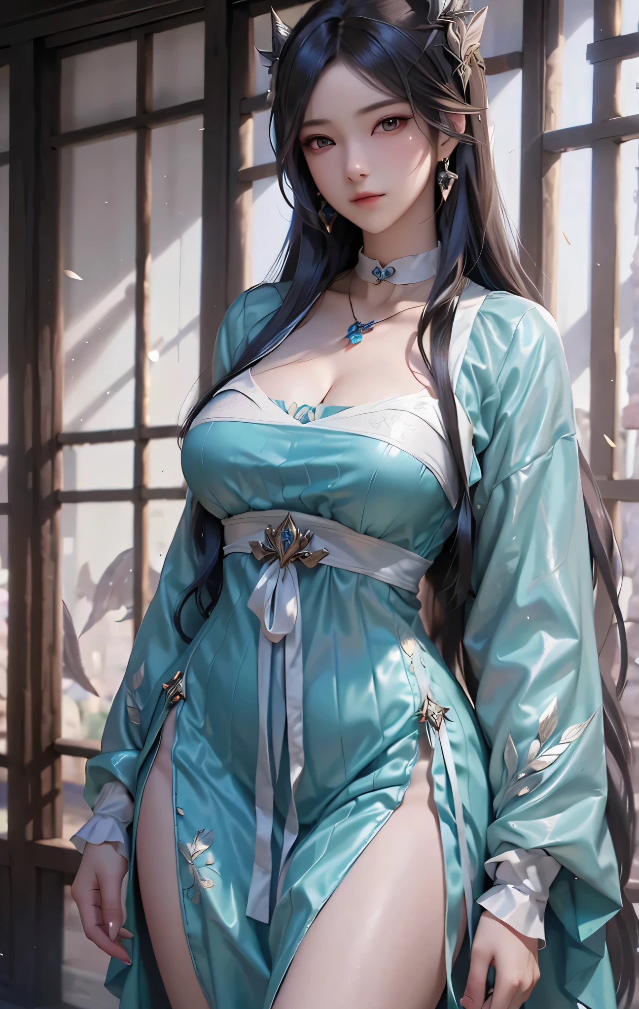 1 Girl,(Upper Body:1.3) , Hair accessories, , Very long hair,, ,,(Extremely detailed CG unity 8k wallpaper,, High resolution, more details, Highly rated:1.2),(Pretty Face,beautiful eyes:1.2), ,(Huge breasts,Very long legs, Pale skin:1.3(((Large Breasts、Breast sagging、Low-cut,Cleavage ,Wide hips,)))((Long legs)),Hourglass figure)) ), thin body,shiny skin,Slim waist,,(Put your hands behind your head,,, , :1.35),,,,,(Hanfu-song, Hanfu, Song Theme, Drawstring, Pipe top,,,,,,,,:1) ,(, ,:1.2) ,,(,,:1.2)