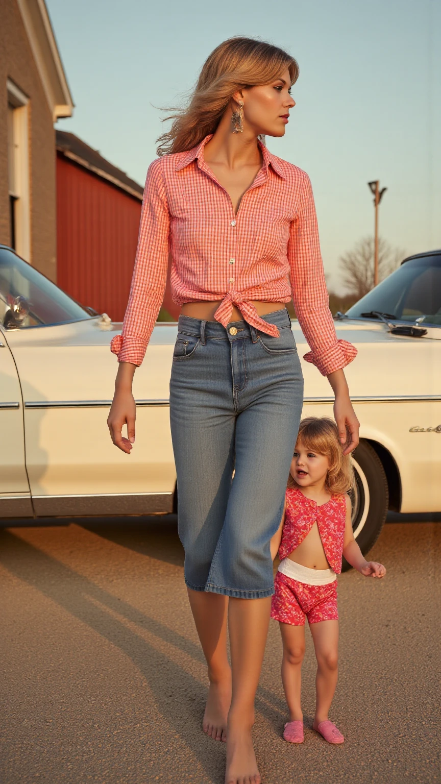 young mother with daughter in jeans with flounce in park, sexy pose, big , deep focus, vintage film grain, color correction retro style, soft lighting,