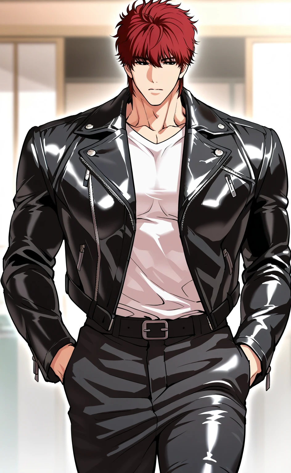 Ultra HD, Super quality, masterpiece, no underwear, blonde short hair, 17 old a boy, solo gay boy, Gay Hentai Anime, Nice body, ((Beautiful anime boy face:1.3)), alone bedroom, full body, sexy body, black leather jacket, micro leather shorts, crotch emphasis, sweet, prostitute boy, blushing and smile face