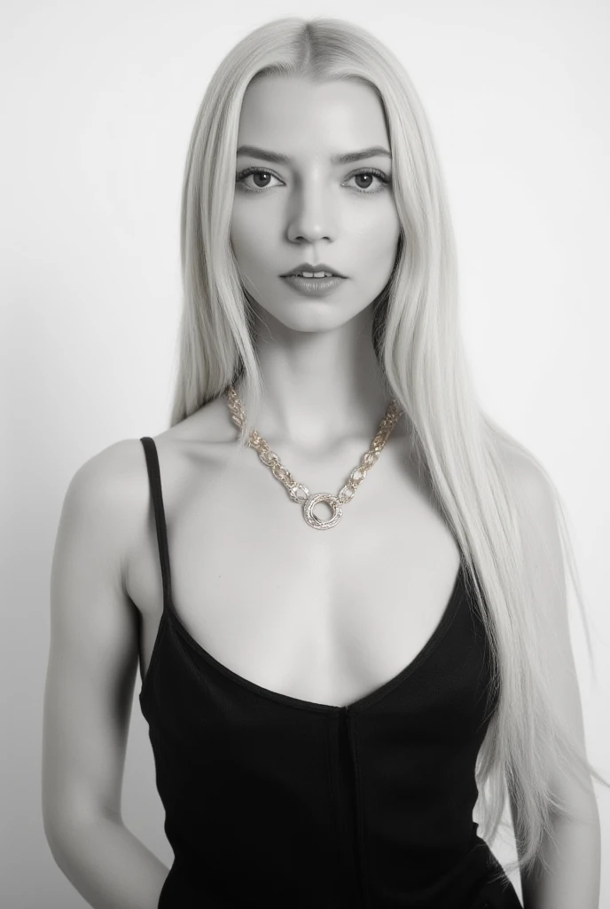 Woman with blonde hair, white skin, full lips, on her neck she has a chain and in her hand a rope, she is a hostage, she is dirty
