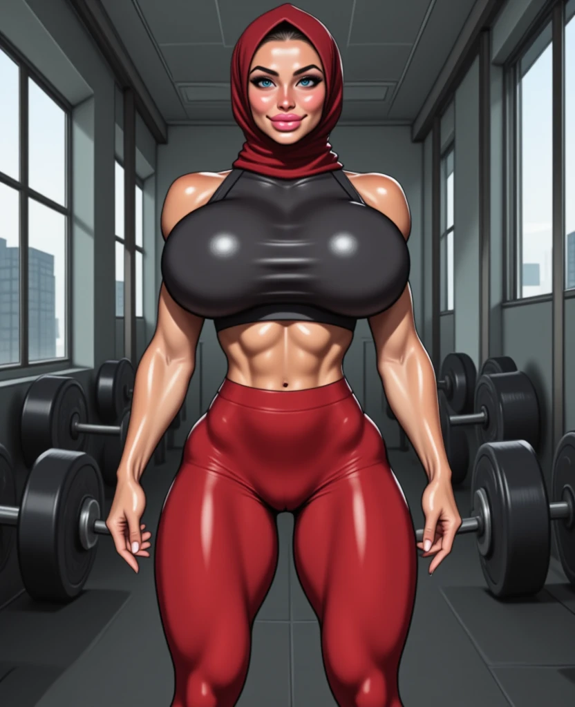 Shiny Breasts, (smile laugh), ((Stylish Hijab)), Medium body portrait, ((thick lips:1.3)), ((Gigantic tits:1)), (dynamic photograph of a 58 year old Indonesian woman), (slim top, cotton panties), (highly detailed face:1.4), (vascular muscles and abs:1.3), (background inside light, bright, private gym:1.1), (8k, uhd, dslr, high quality, cinematic lighting, bokeh), (dramatic pornstar photography, incredible masterpiece:1.3), (((sexy sultry stare at camera:0.8))), ((she is ready to dominate you:0.5)), ((beautiful feminine face)), add_detail:1, very huge naked, view from side seductive pose